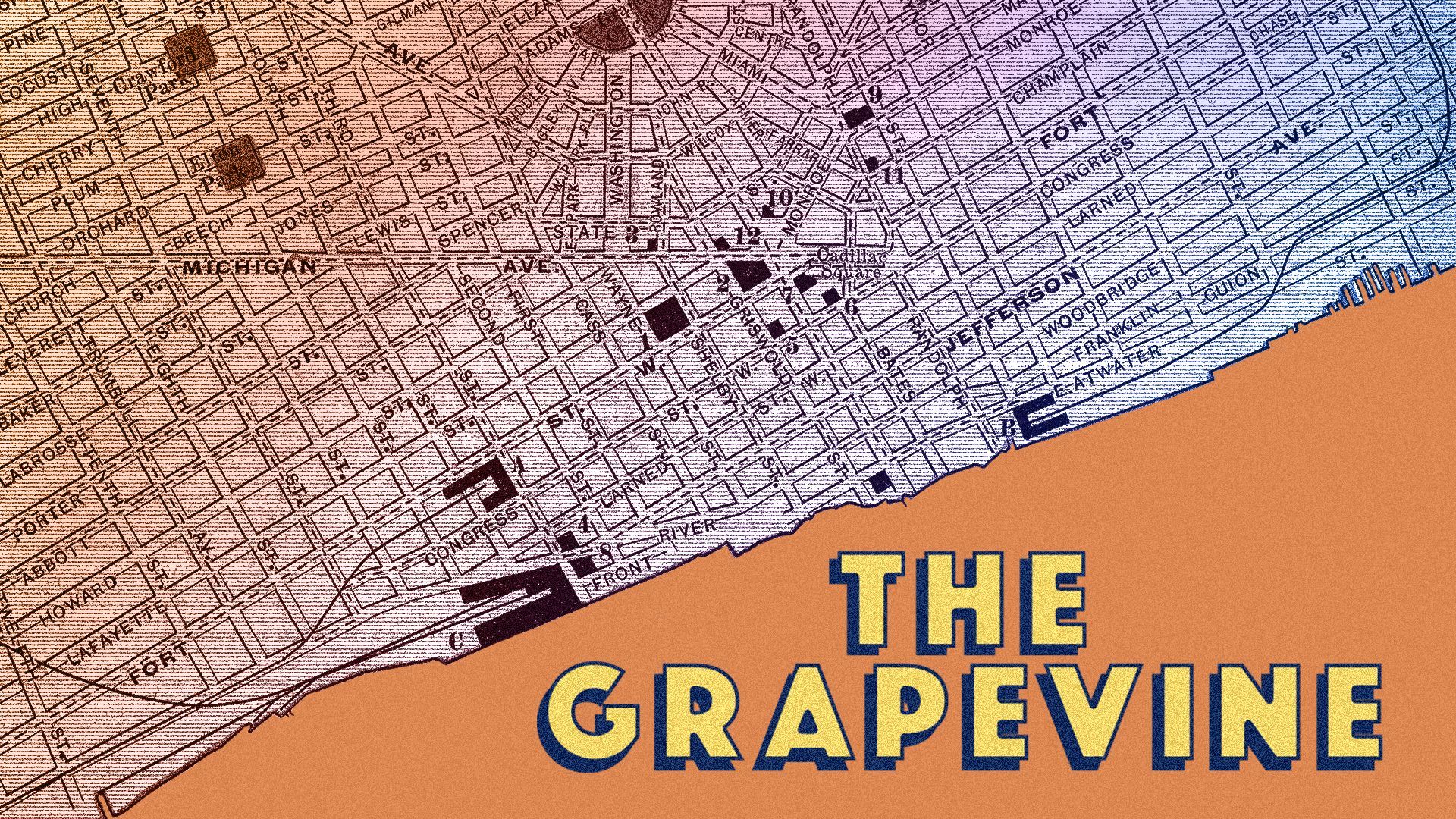 Illustration of a map of Detroit, Michigan and the title "The Grapevine".