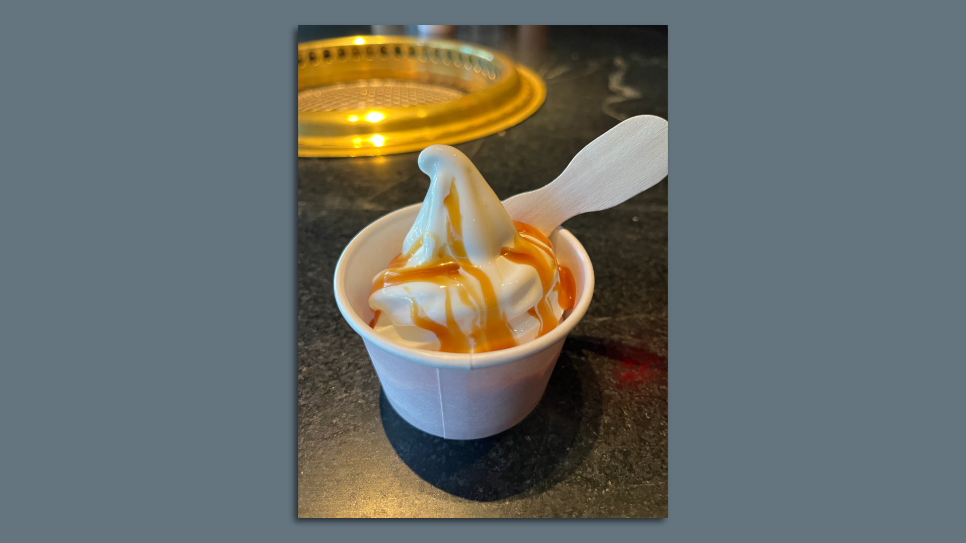 A vanilla soft serve with soy sauce caramel