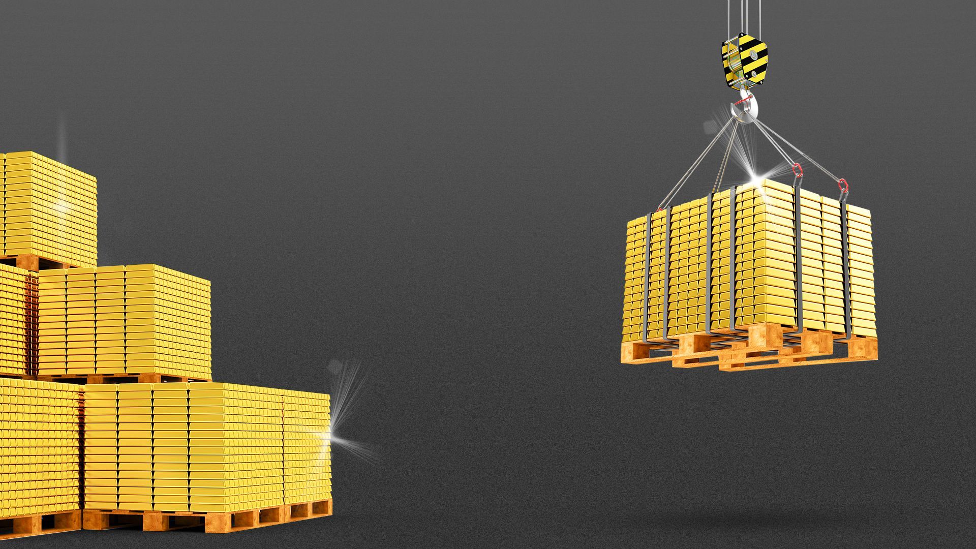 Illustation of pallets of gold being brought in with a crane.