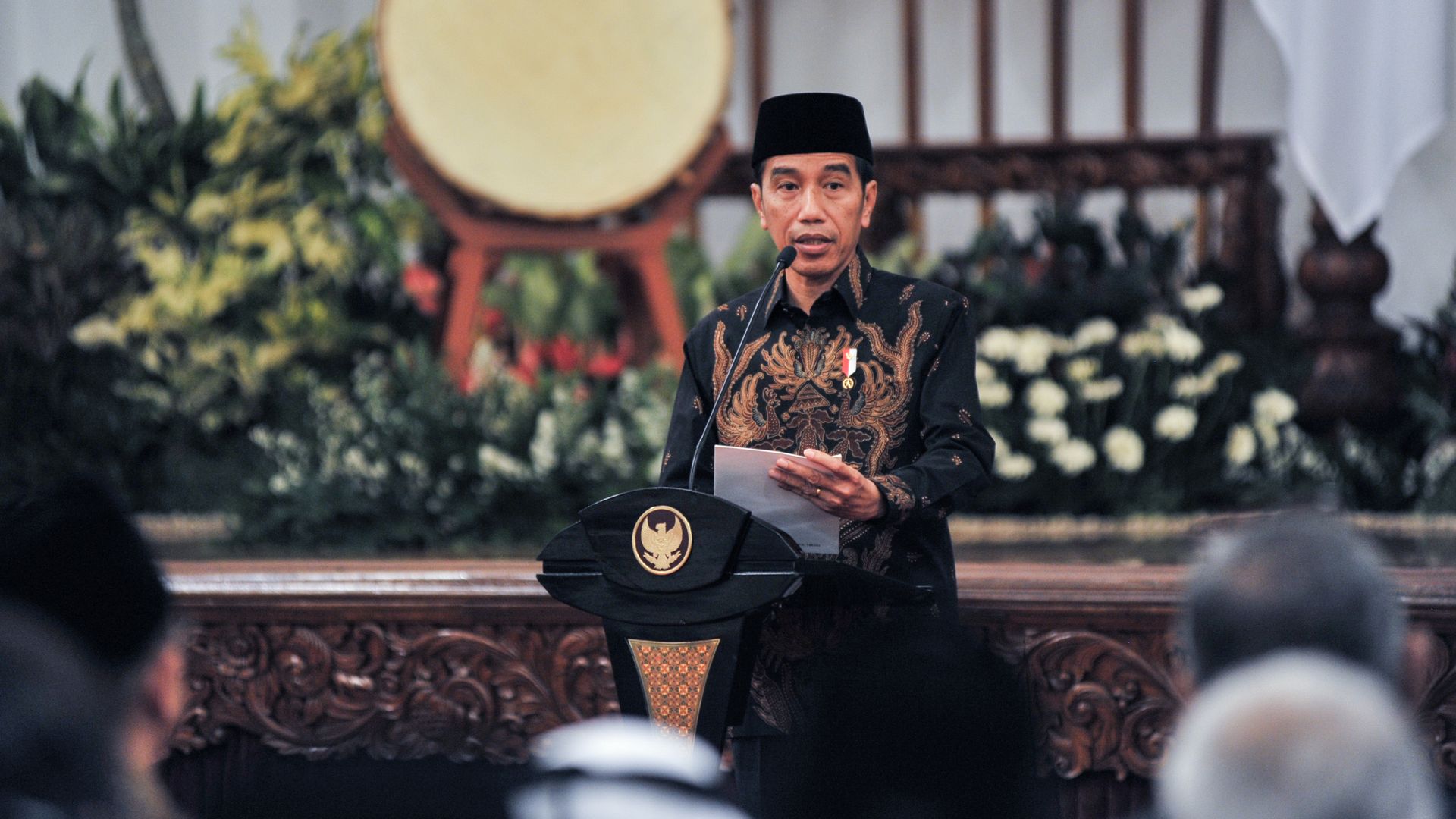 Indonesian President Joko Widodo speechs during Nuzulul Quran event at Presidential Merdeka Palace in Jakarta, Indonesia on June 5, 2018.