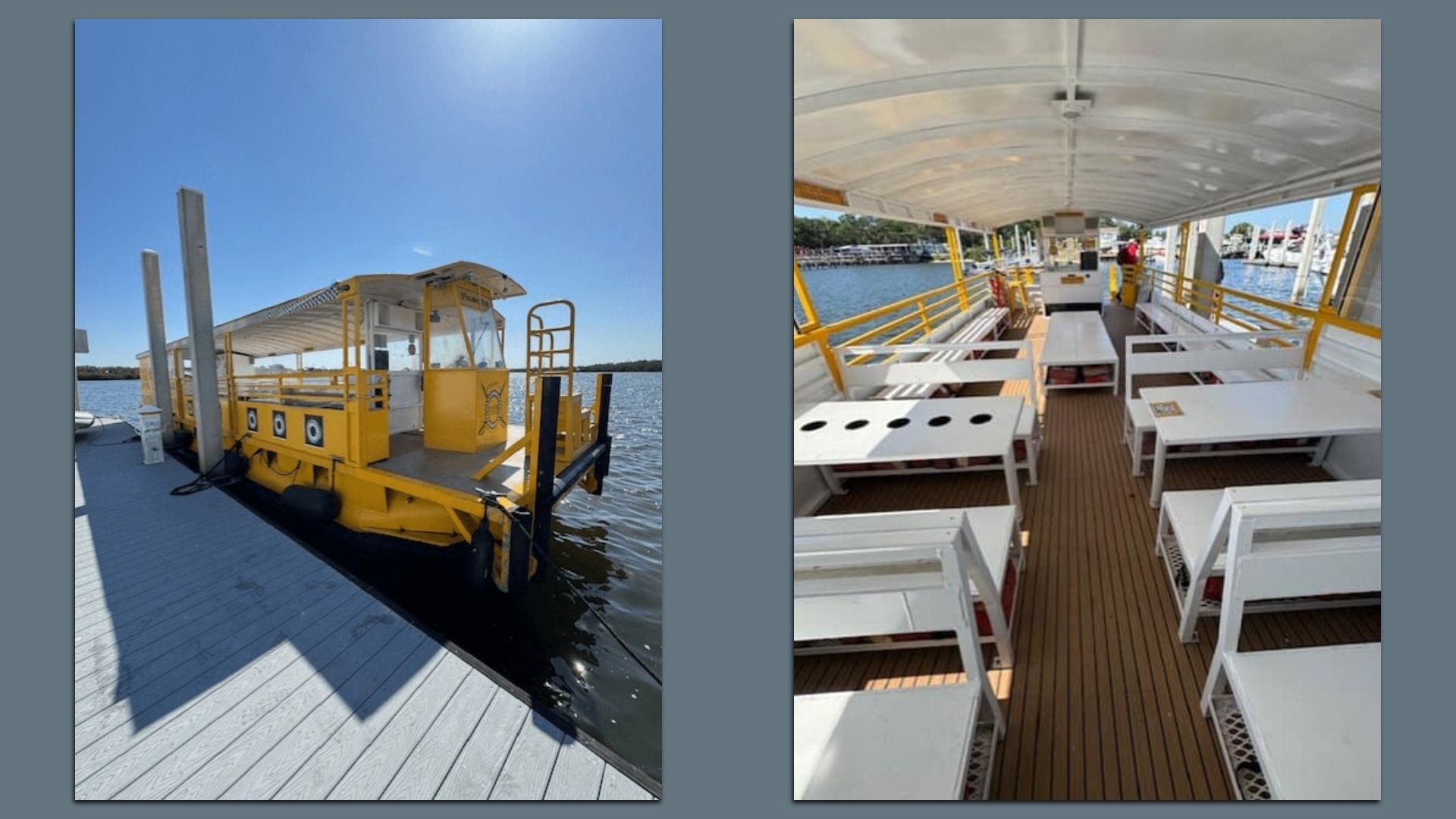 A yellow water taxi exterior and interior