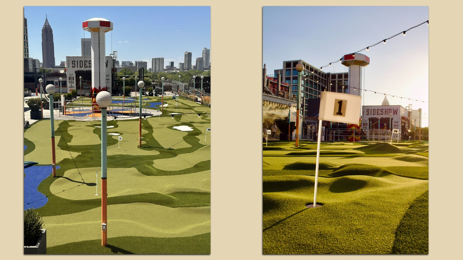 Two panels: left shows an urban rooftop mini-golf course with green turf and white globe lamps, skyline in the distance; right shows a string-lit carnival with a sideshow booth and a large 1 sign at sunset.