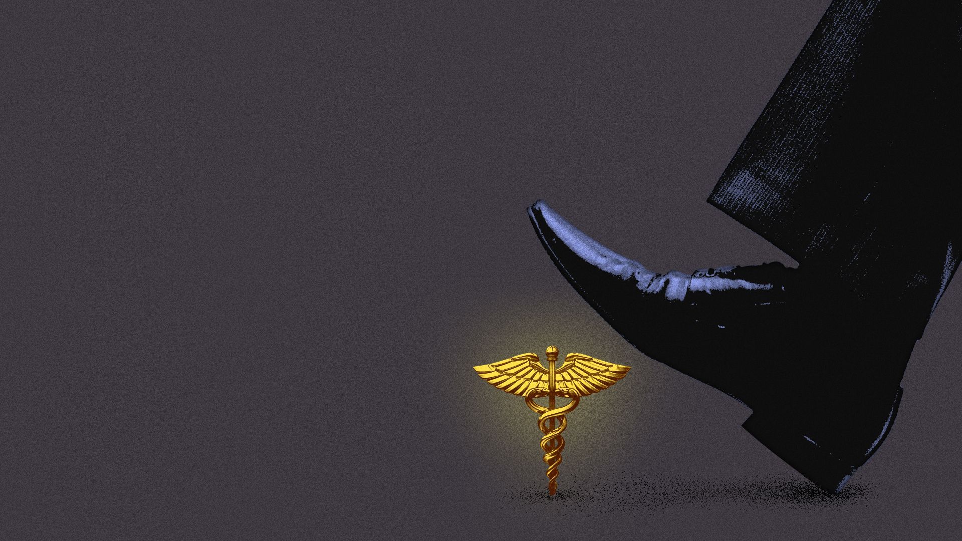Illustration of a caduceus about to be stepped on by a person wearing a business suit.