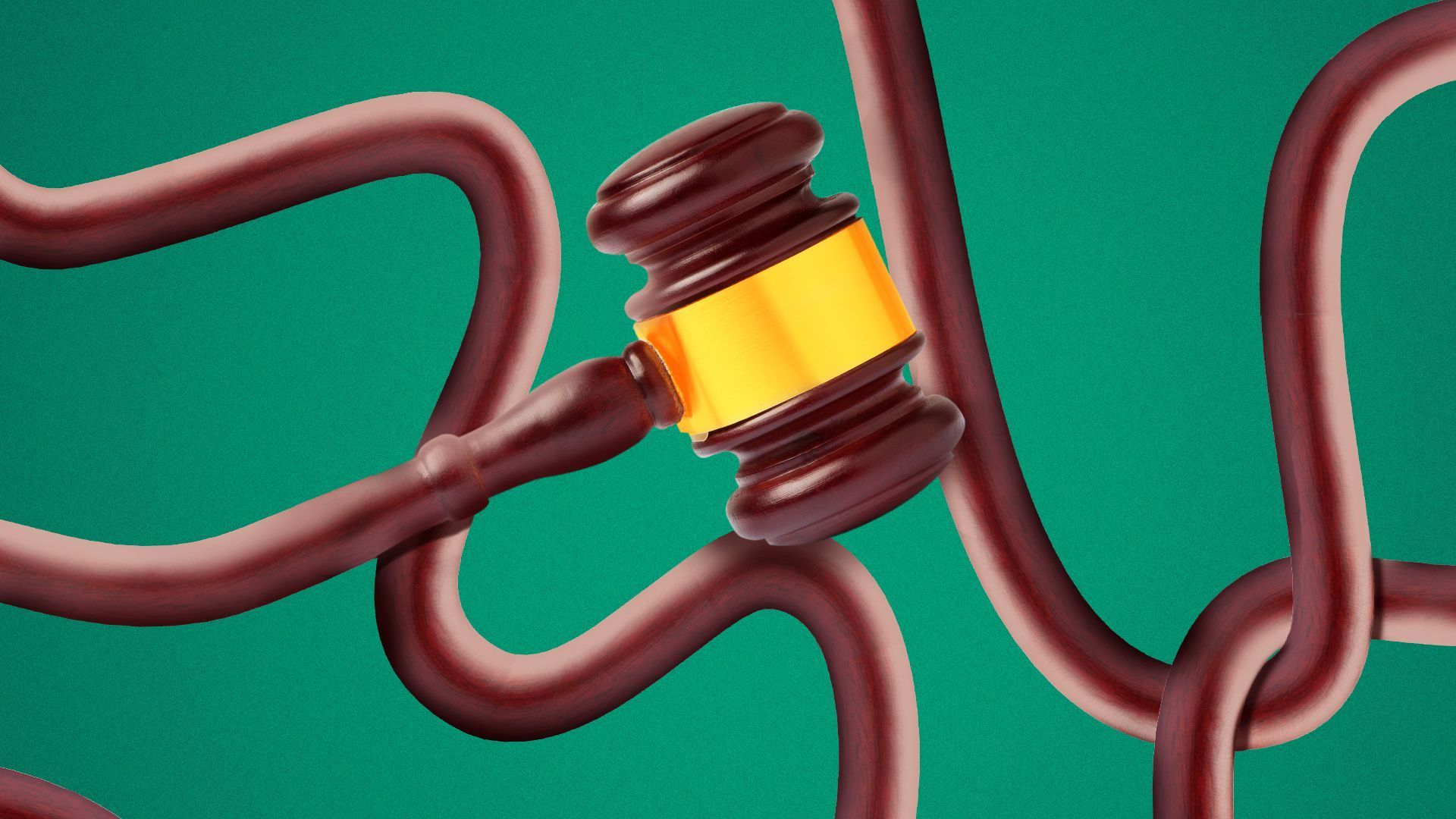 Illustration of a gavel with an extra long handle that loops all around itself and all over the image in a squiggly pattern. 