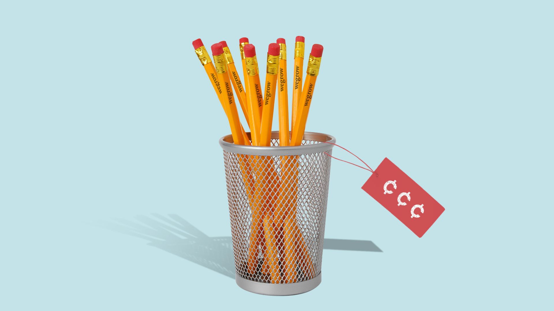 Illustration of a cup of wegrow pencils with a price tag showing several cent symbols.