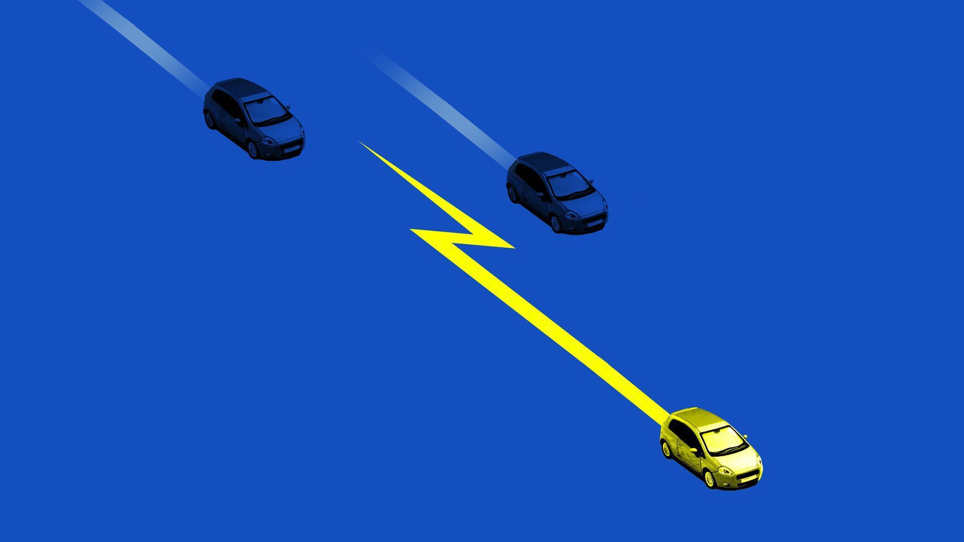 Illustration of three vehicles, one of which has a lightning bolt behind it.