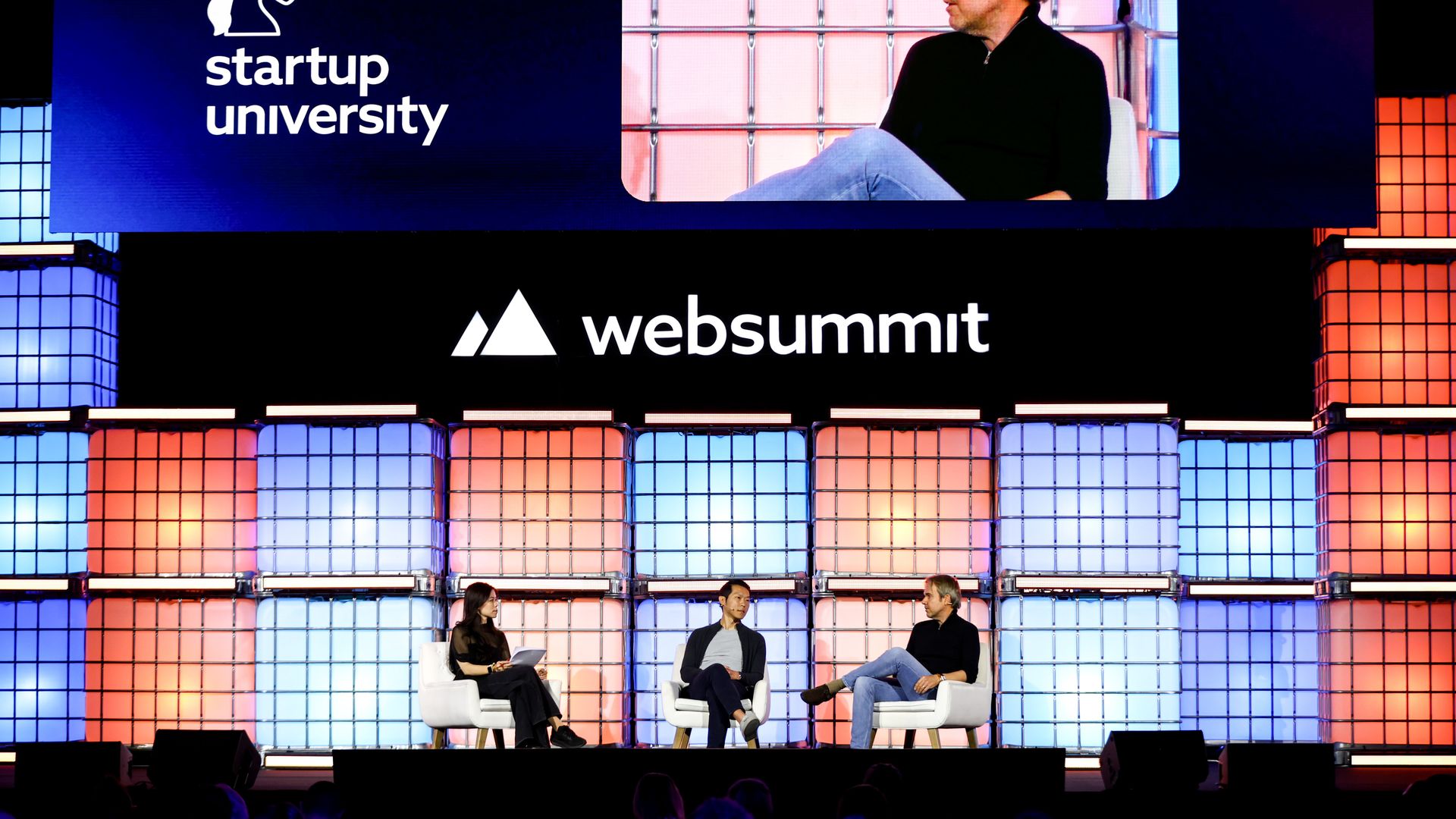 British Columbia , Canada - 14 May 2026; Lucinda Shen, Deals Reporter, Axios; Tengbo Li, General Partner, ICONIQ; Edwin Scholte, President & CFO, Articulate, on the Startup University stage during day three of Web Summit Vancouver 2026 