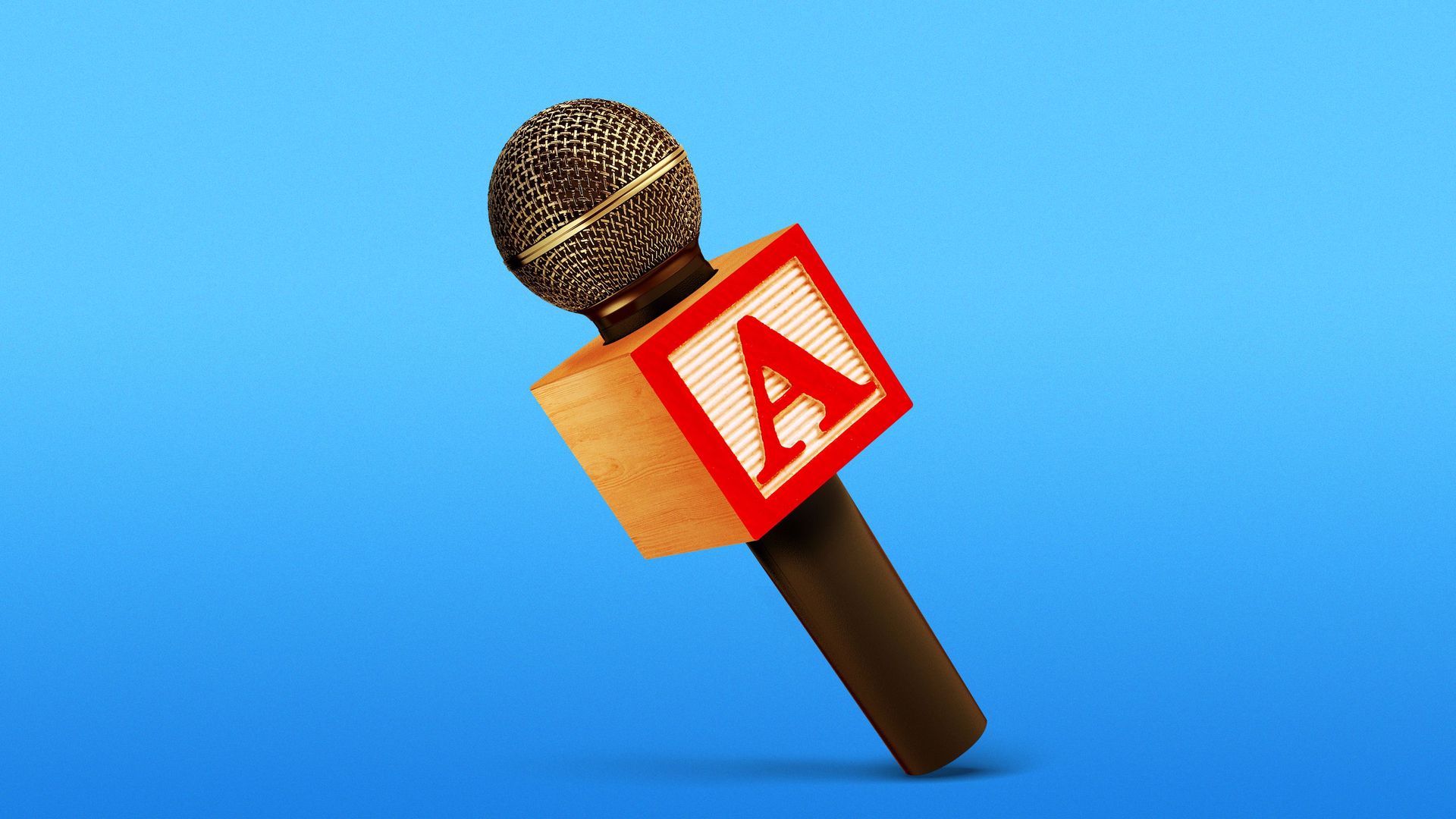 Illustration of a microphone made out of a kids alphabet block.