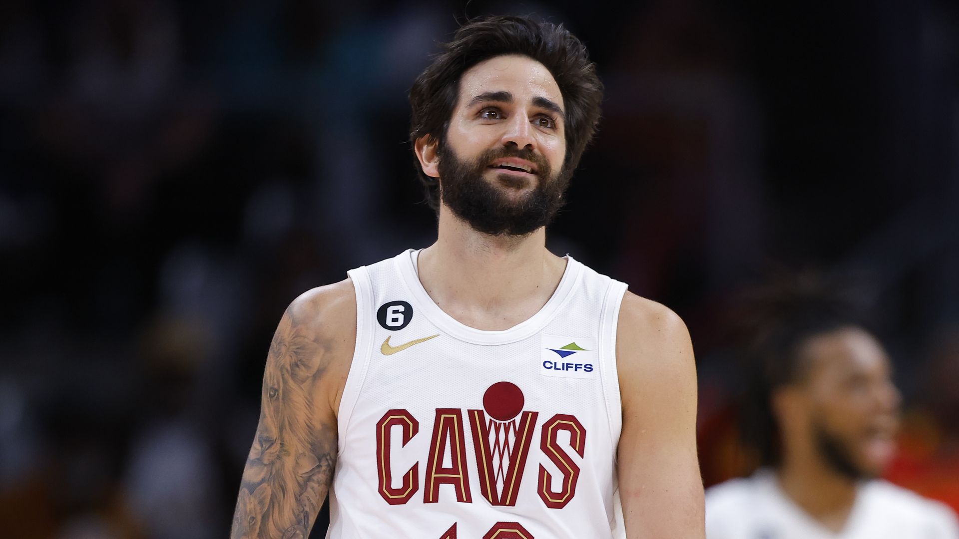 The Cavs' Ricky Rubio in white uniform