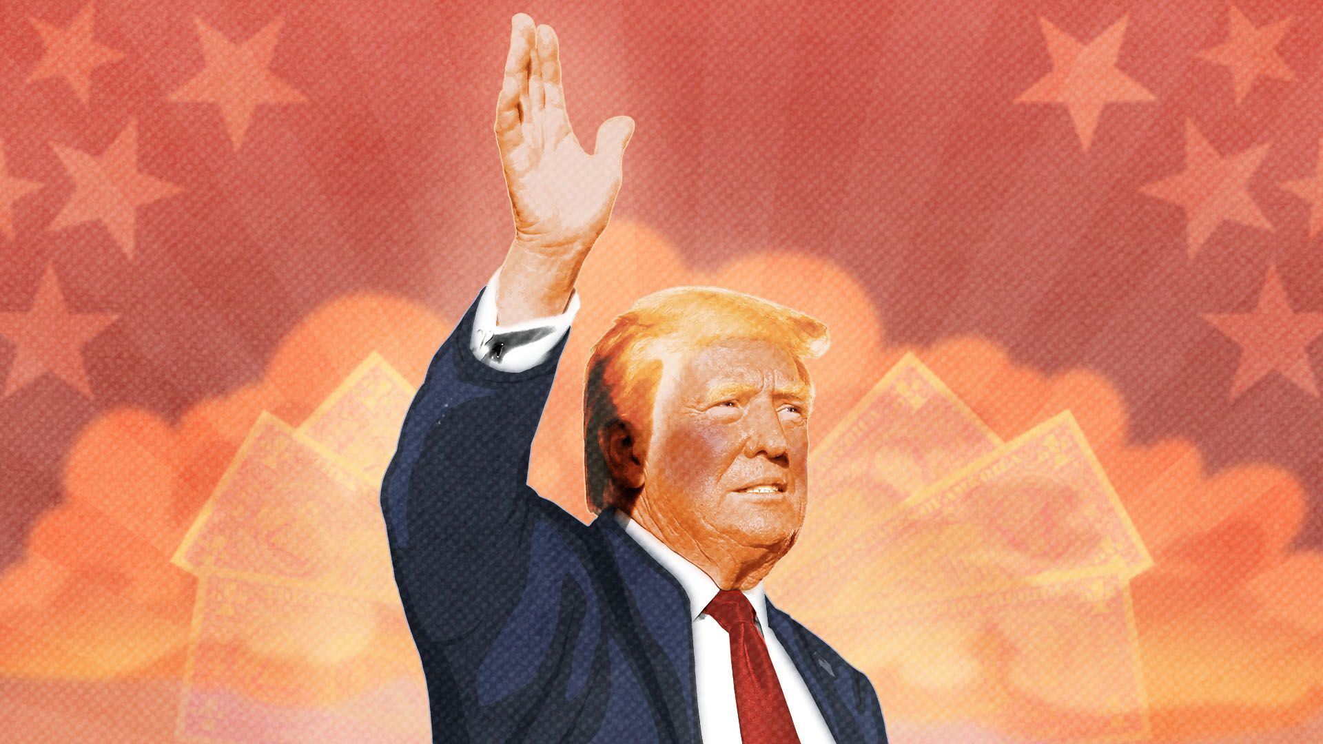 Photo illustration of President Donald Trump framed by dollar bills, clouds, and stars, in the style of a vintage poster 