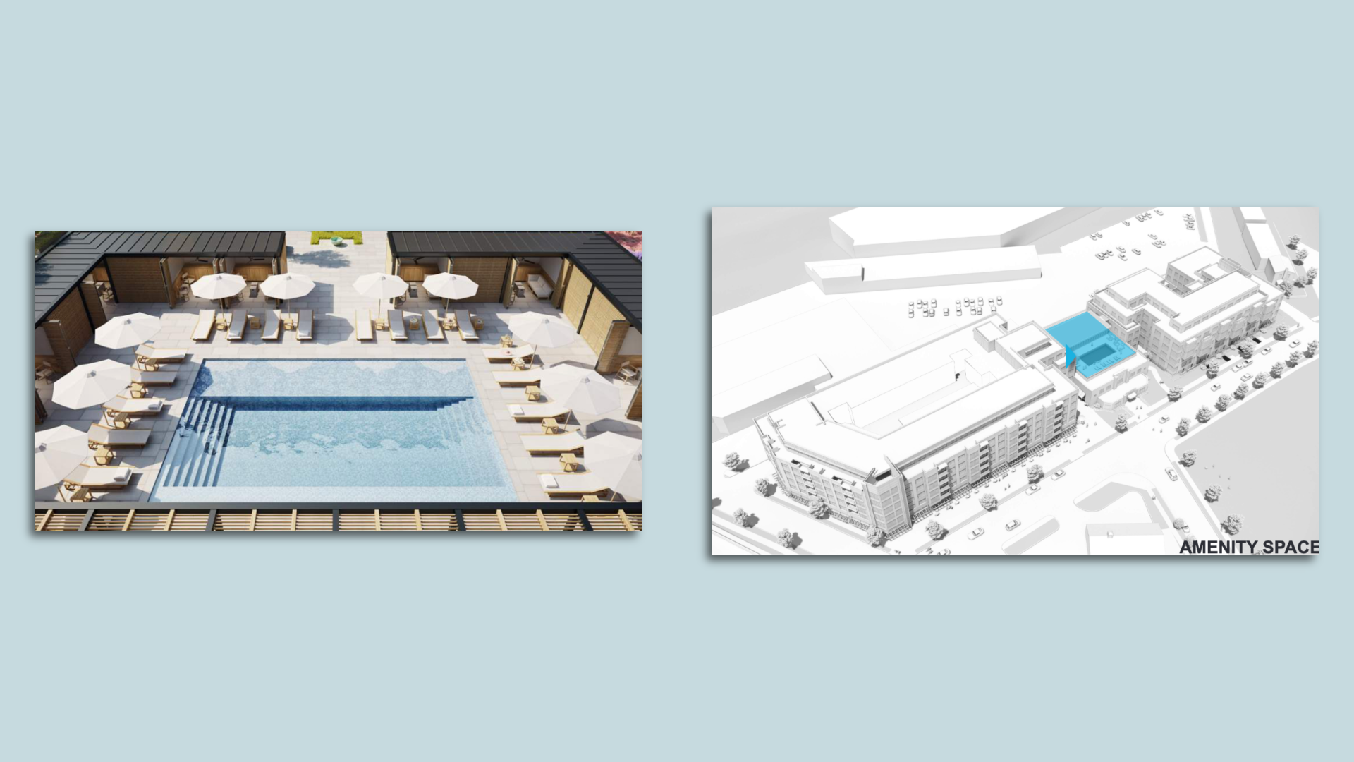 A slide deck of renderings showing the rooftop pool and new apartment buildings adjacent. 