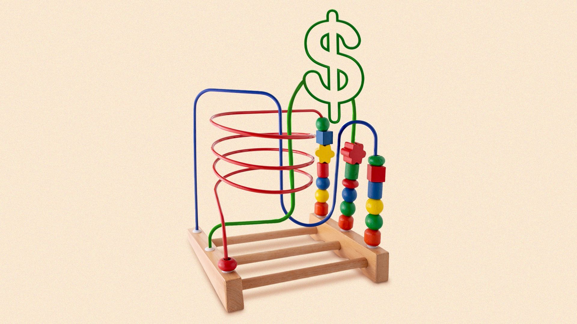 Illustration of a wooden bead and wire child's play set with a dollar sign created from the twisting wire