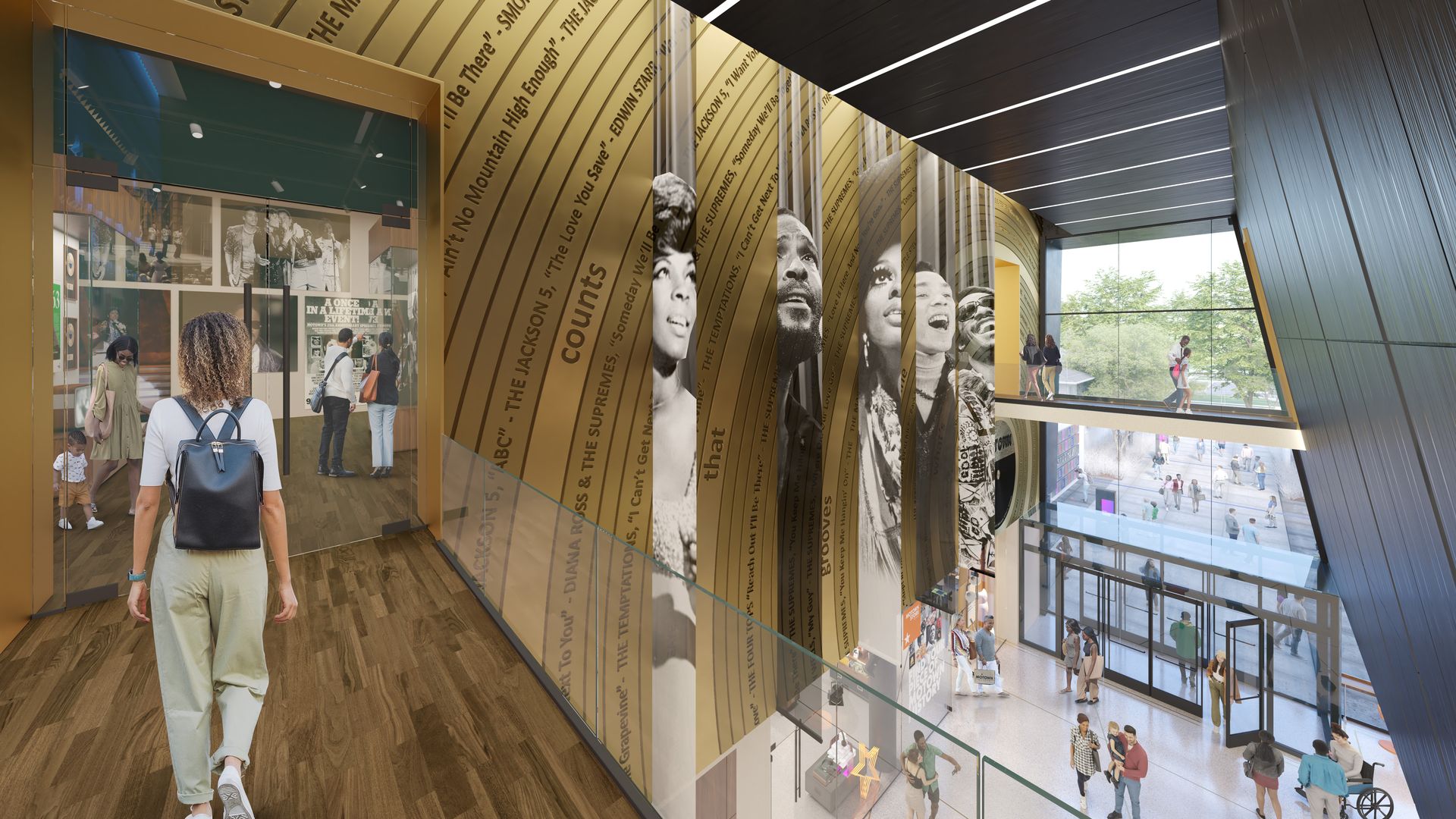 A rendering shows Motown greats along a large tall wall with people walking in and out of a large open entrance to the building.
