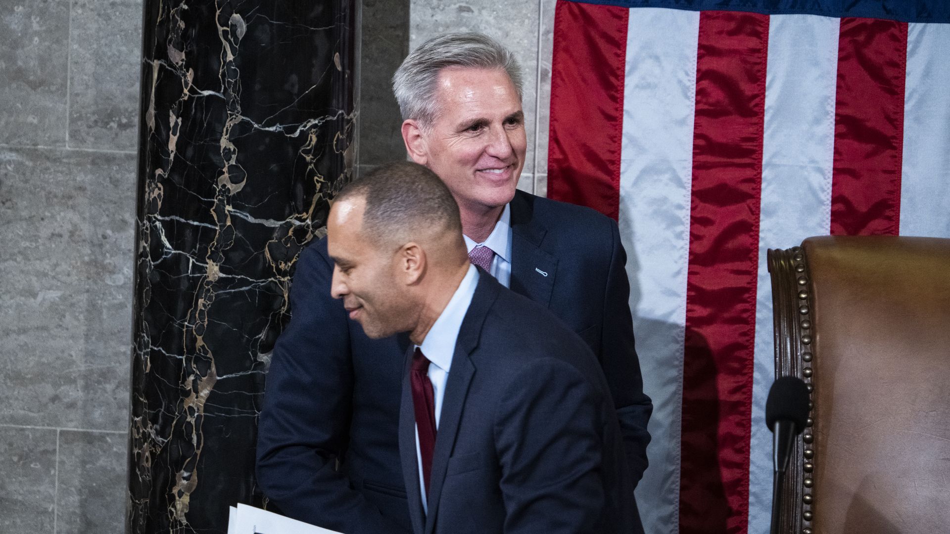 House Speaker Kevin McCarthy and House Minority Leader Hakeem Jeffries at the U.S. Capitol on Jan. 7. Photo: Tom Williams/CQ-Roll Call Inc. via Getty Images