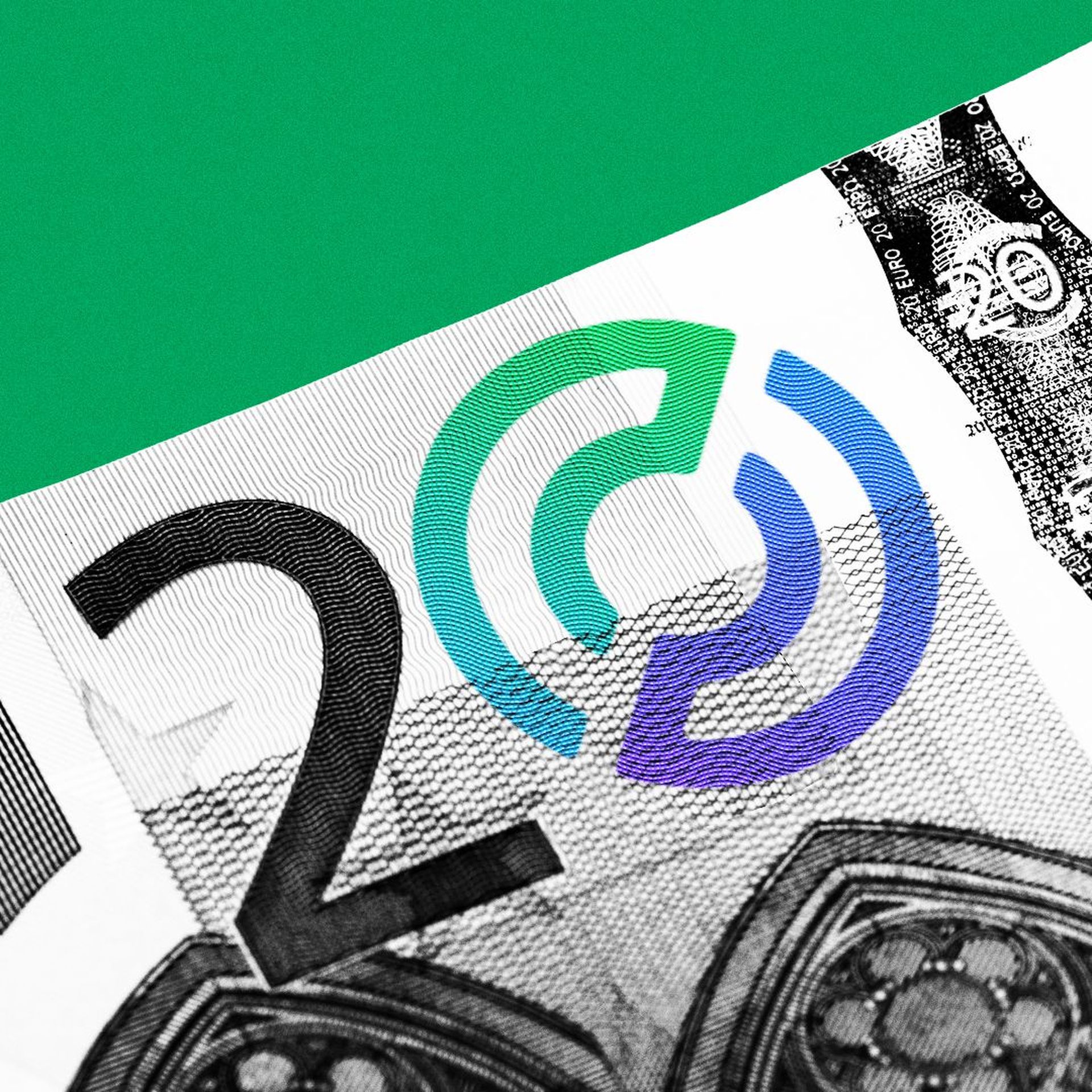 Illustration of the zero on a euro bill replaced with the logo for Circle Internet Financial.