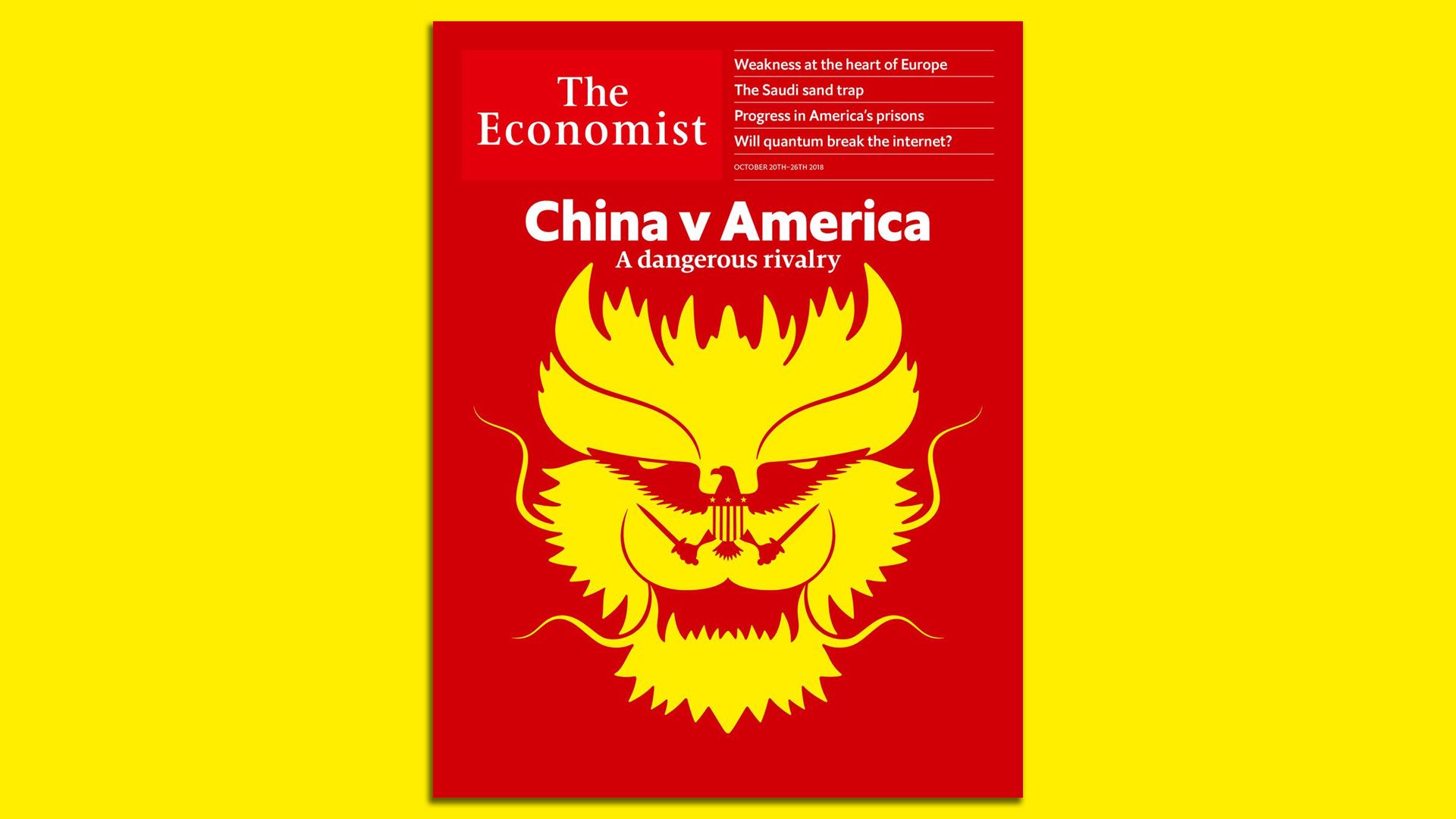 The Economist cover picture, showing a yellow ferocious-looking dragon on a red background