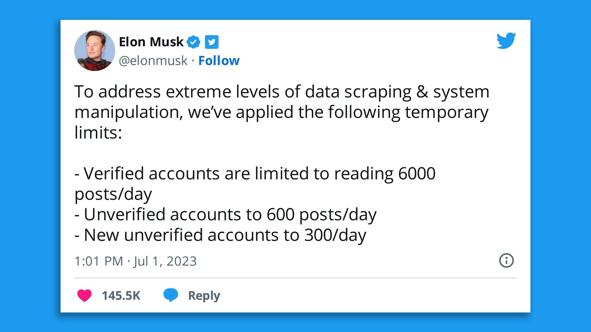 screenshot of a tweet from Elon Musk stating that rate limits would be imposed on the platform temporarily
