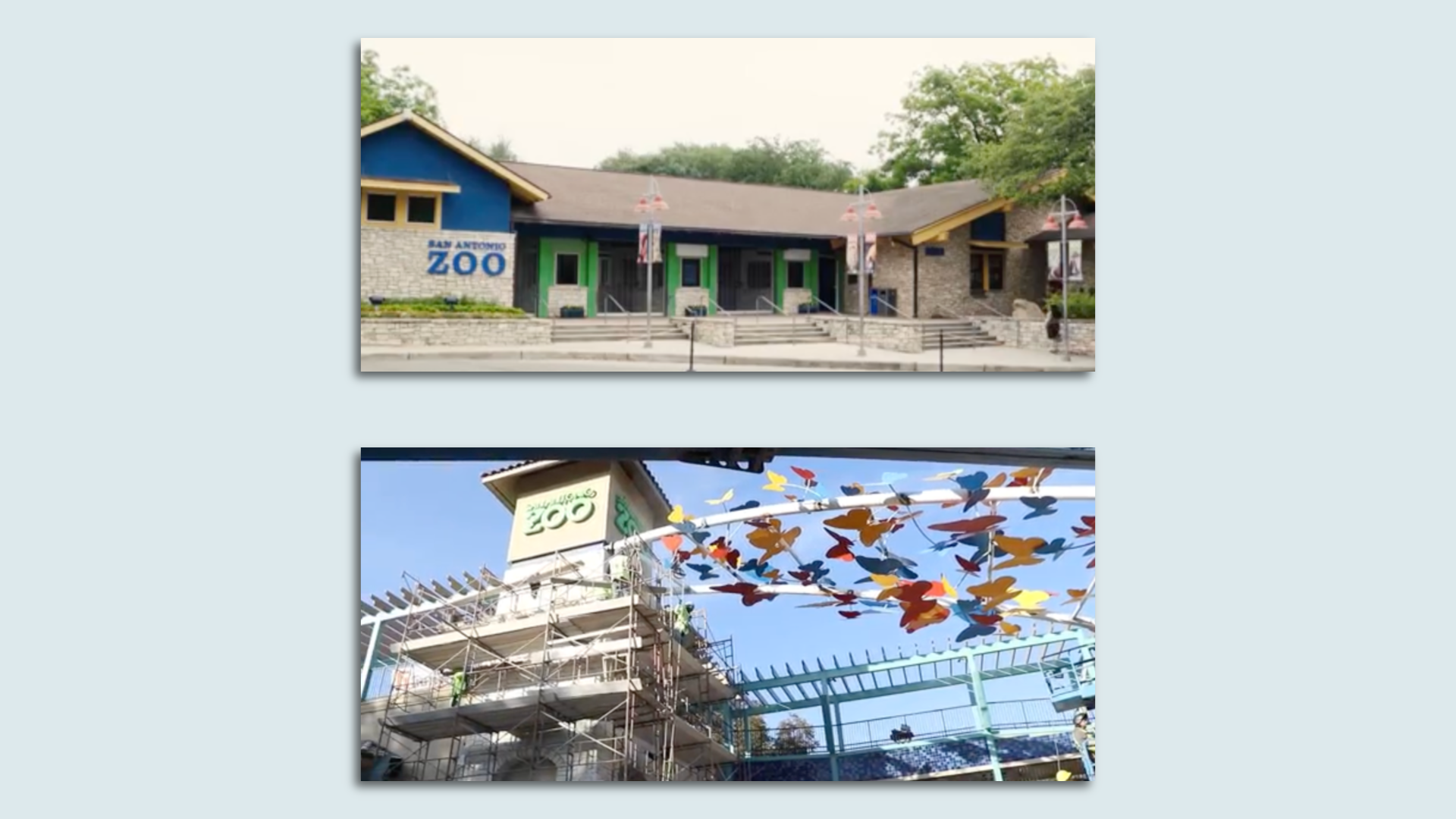 Stacked photos show the zoo's original admission building on top with the new gateway, accented by a butterfly sculpture on the bottom.