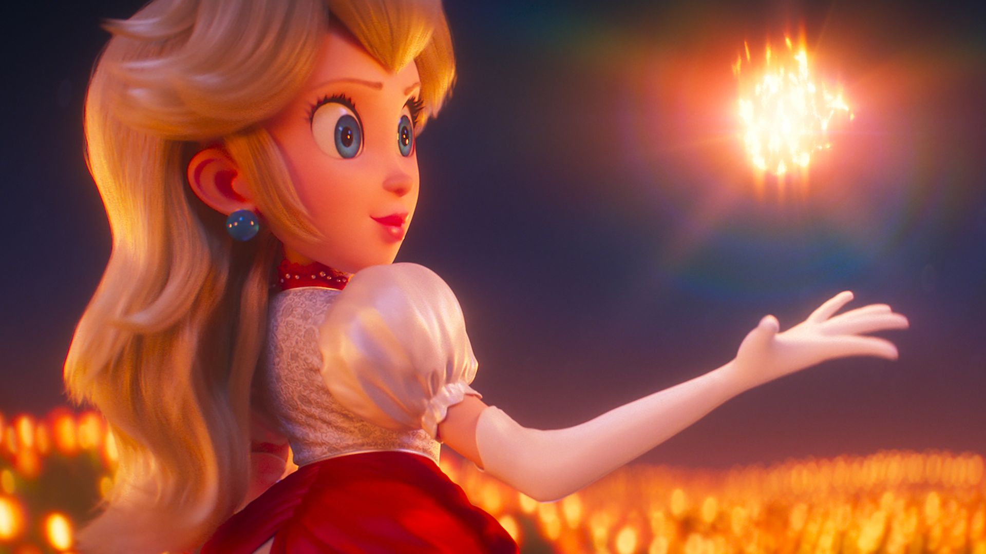 Animation still of Princess Peach tossing a fireball.