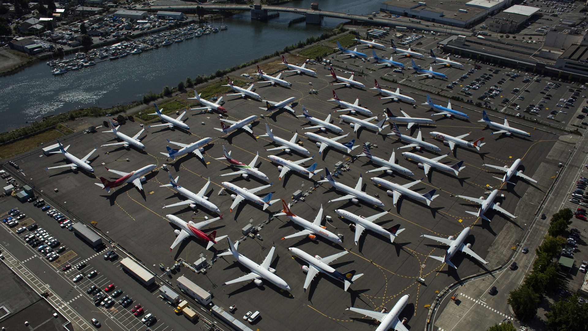 Photo of grounded planes lined up and waiting on the ground