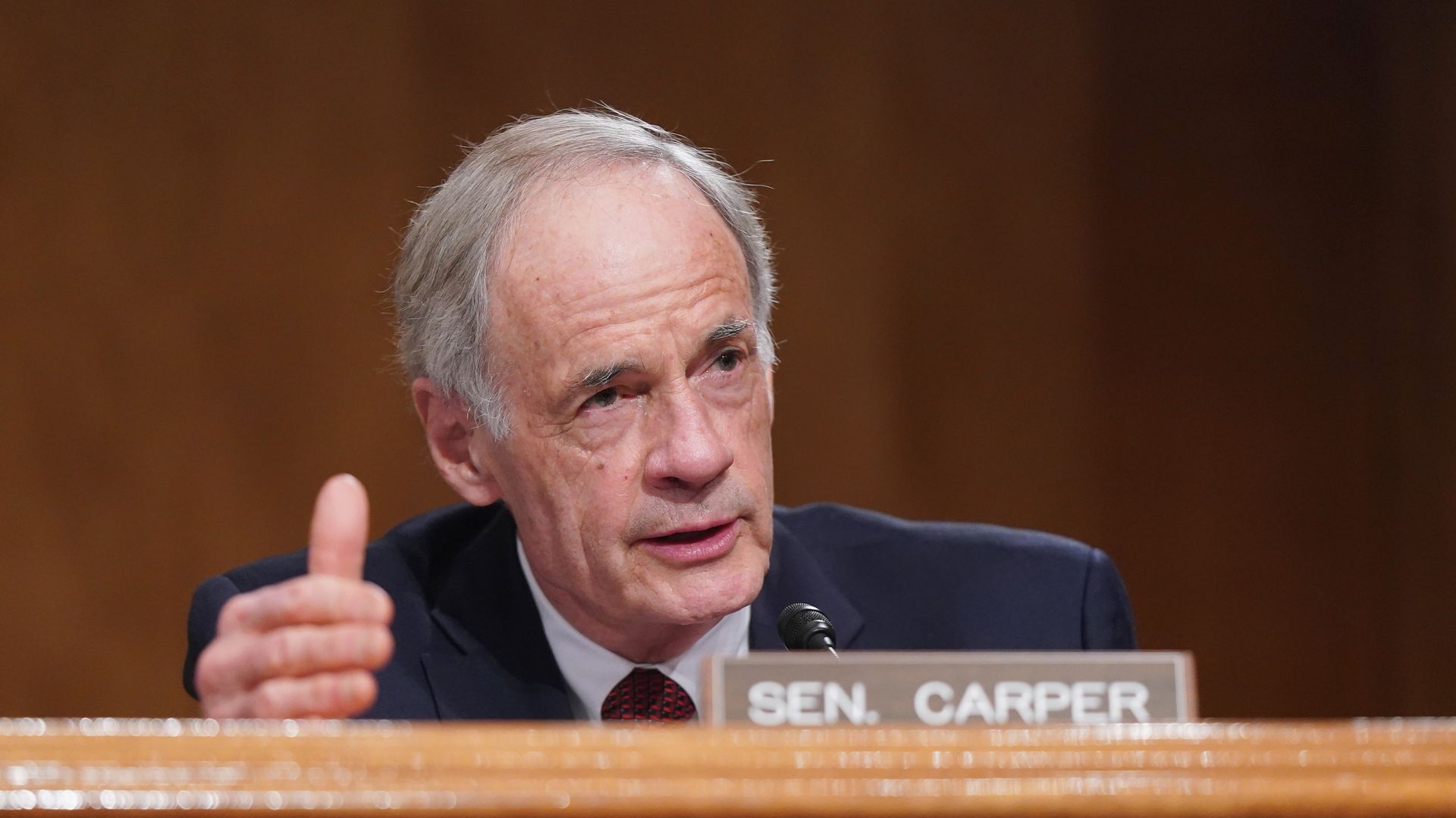 Sen. Tom Carper is seen speaking during a congressional hearing.