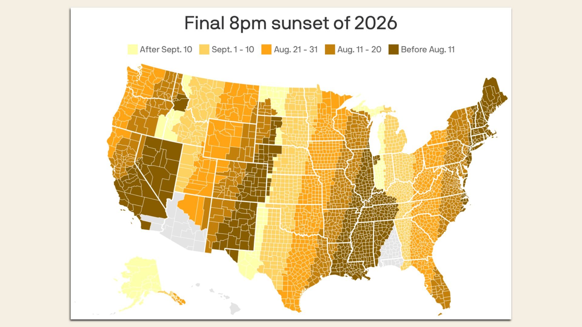 Map showing sunset times by US region