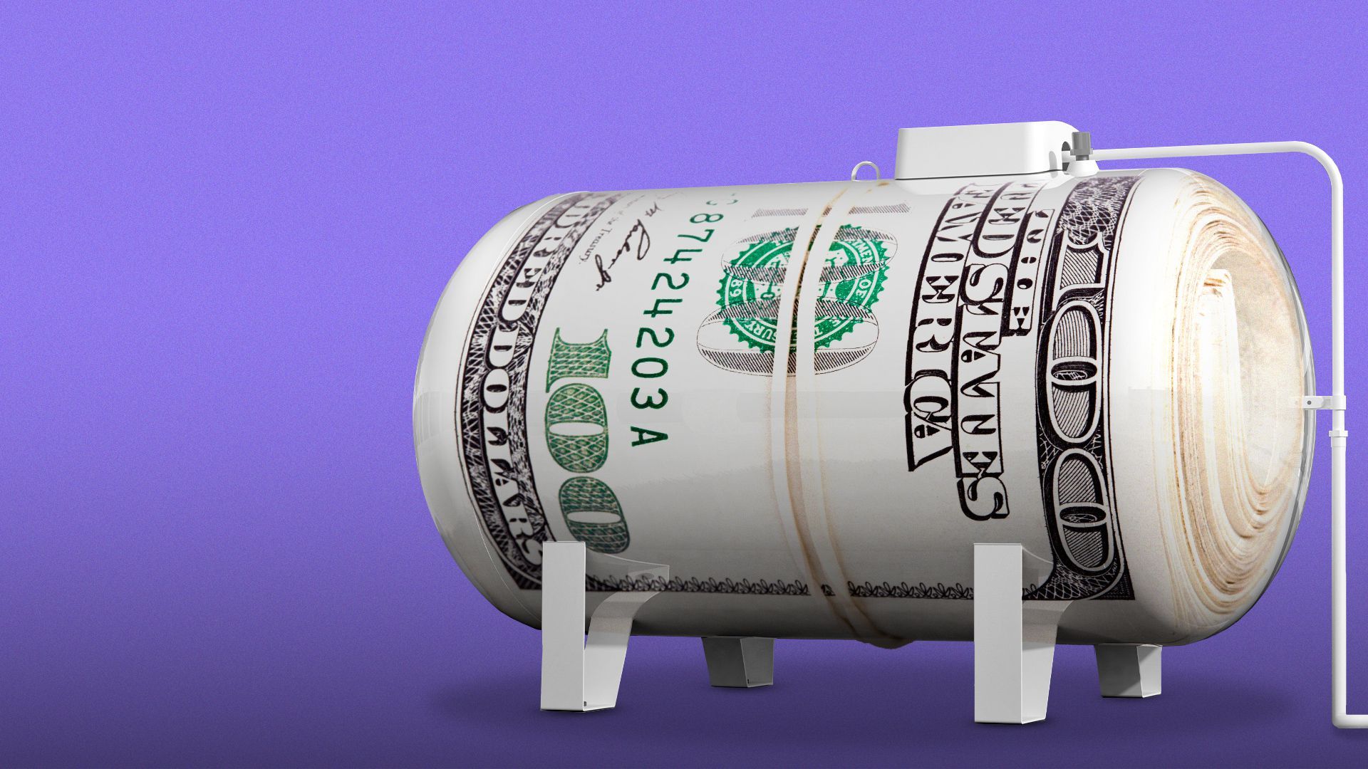 Illustration of a large gas container made out of a roll of $100 bills.