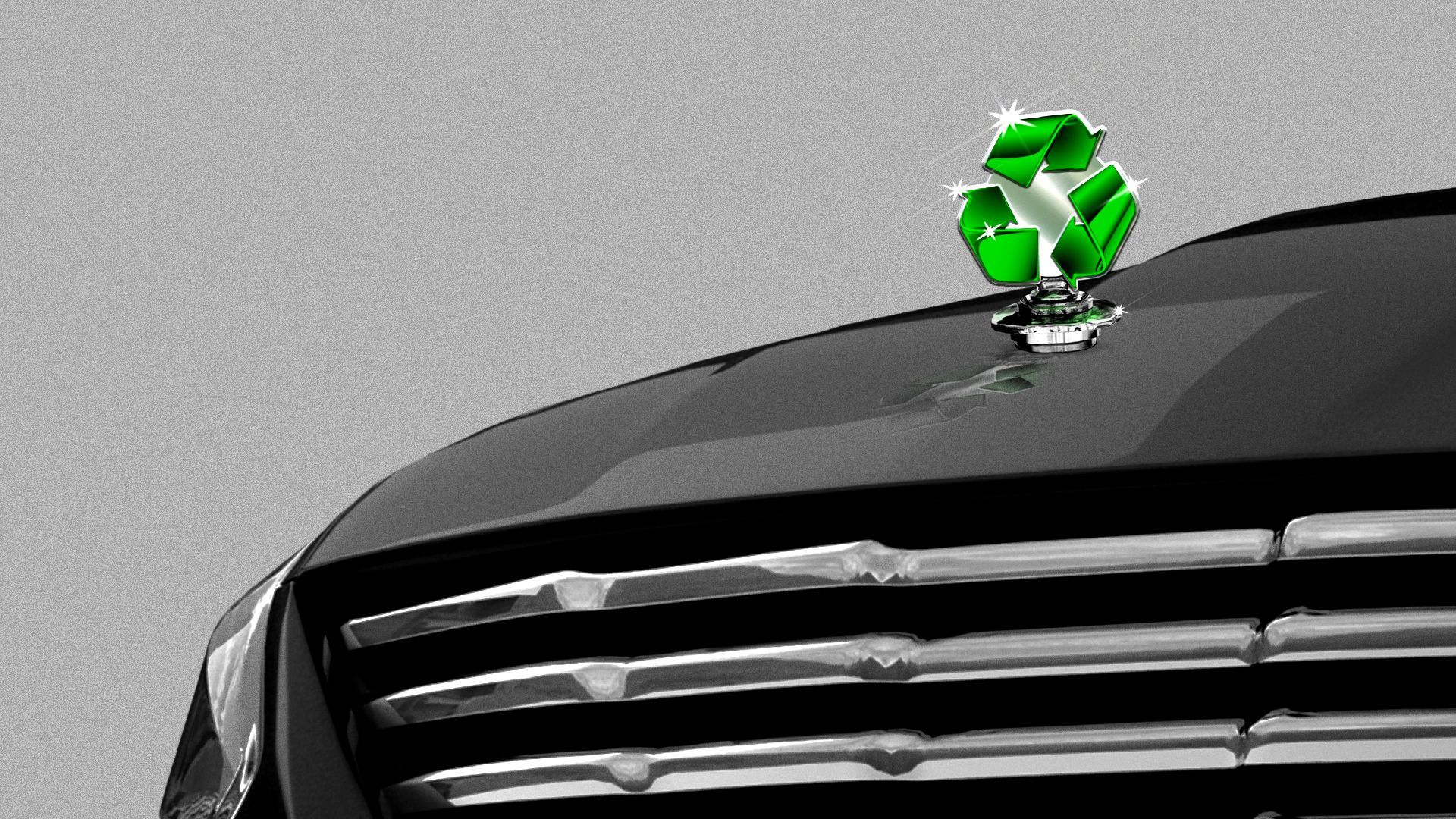 Illustration of a car with a hood ornament shaped like a recycling symbol.