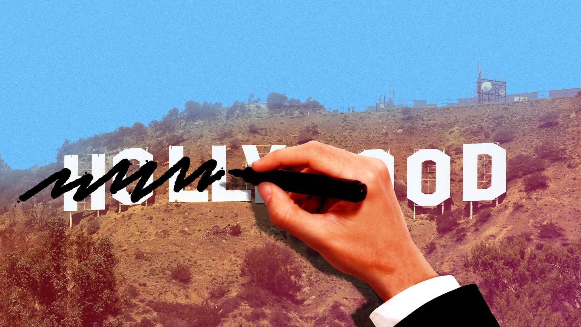 Illustration of a giant hand drawing over the Hollywood sign with a black marker