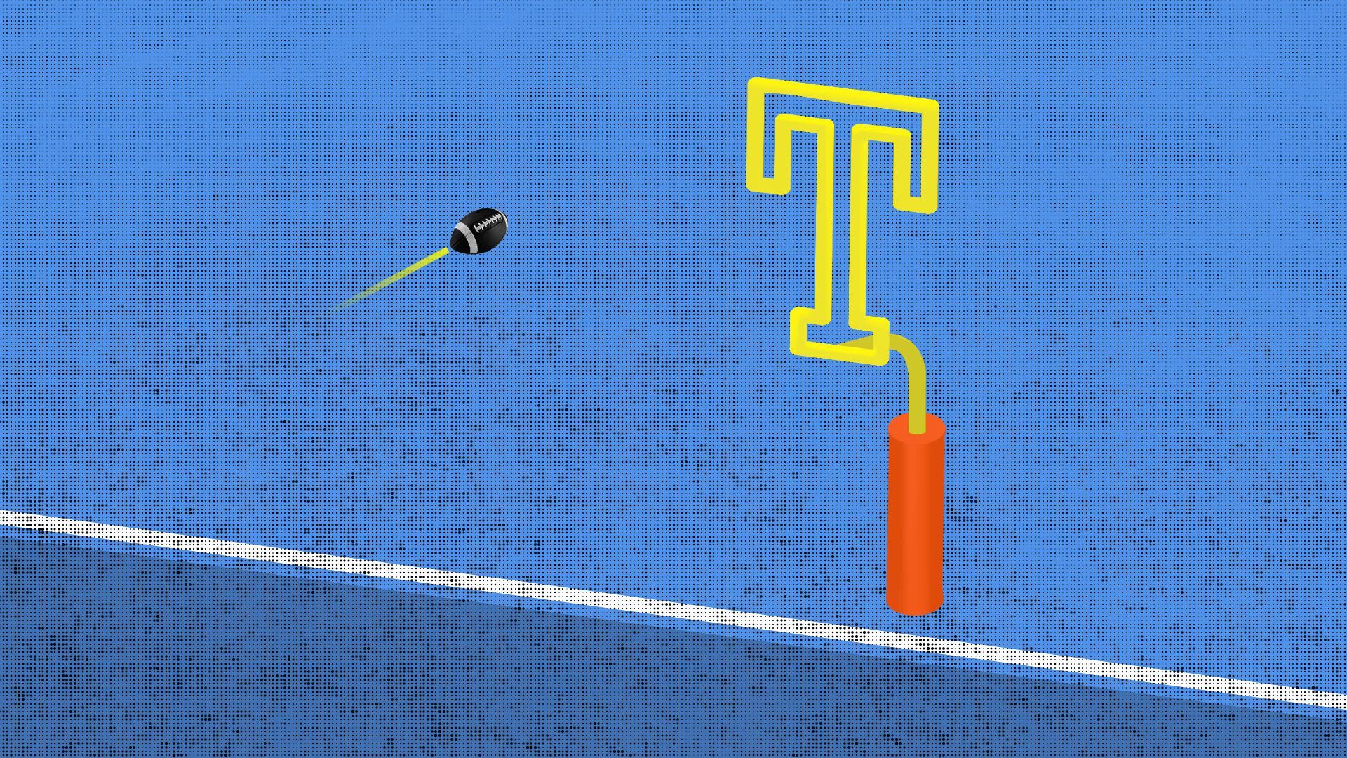 An illustration of a football heading toward a goal post in the shape of a capital T
