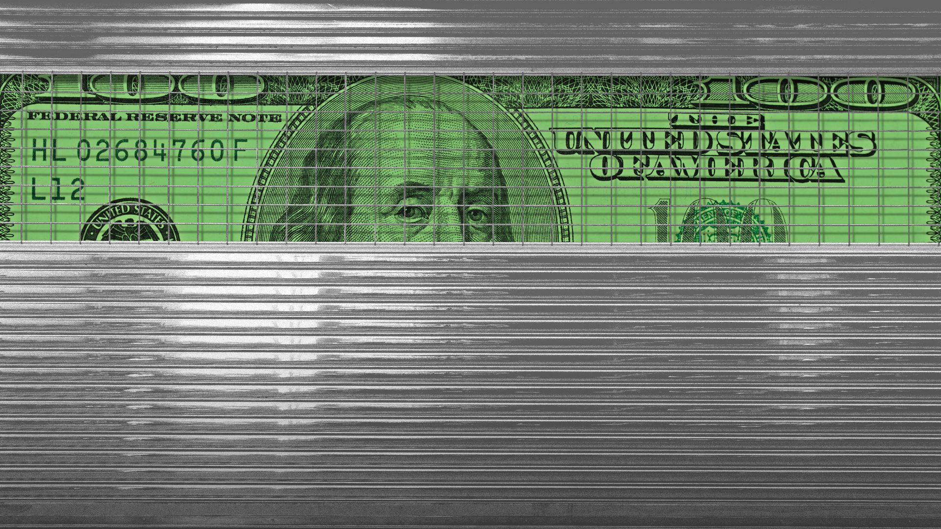 Illustration of a rolling steel door partially covering a hundred dollar bill.   