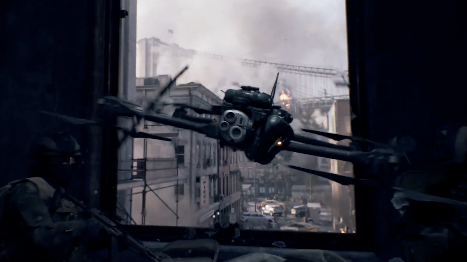 Futuristic drone flying out of a dark window with armed soldiers inside, smoke and fire visible on a city street with damaged buildings and a bridge in the background.