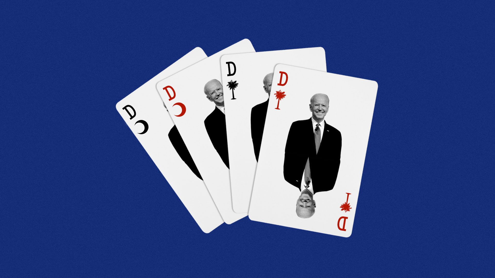 Illustration of play cards with Joe Biden and the South Carolina crescent and palm tree.
