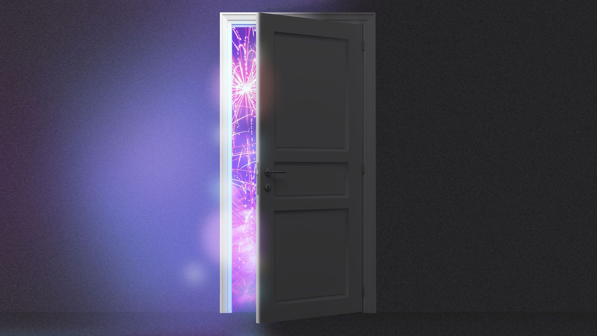 Illustration of an open door revealing fireworks
