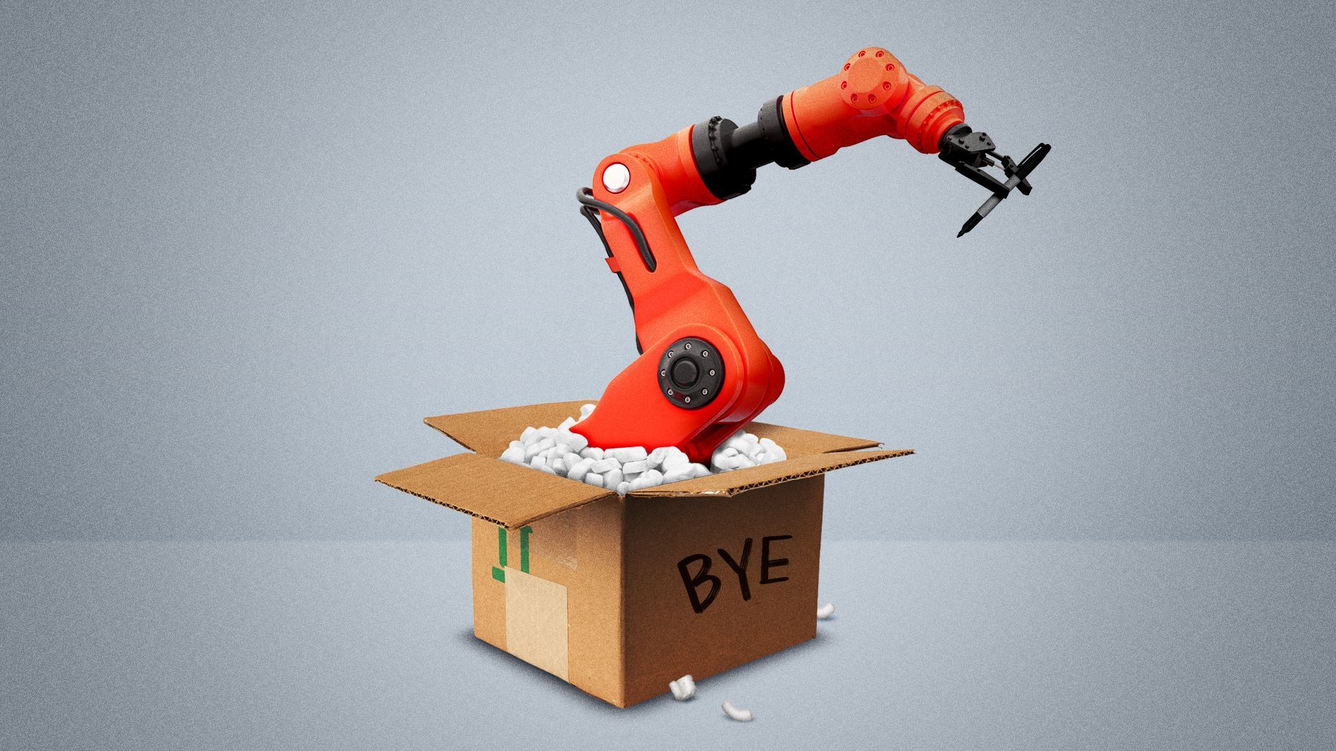 Illustration of a moving box with a robotic arm inside. 