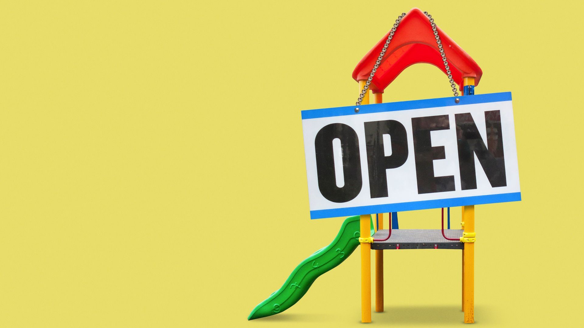 Illustration of a playground with an "OPEN" sign hanging from it. 
