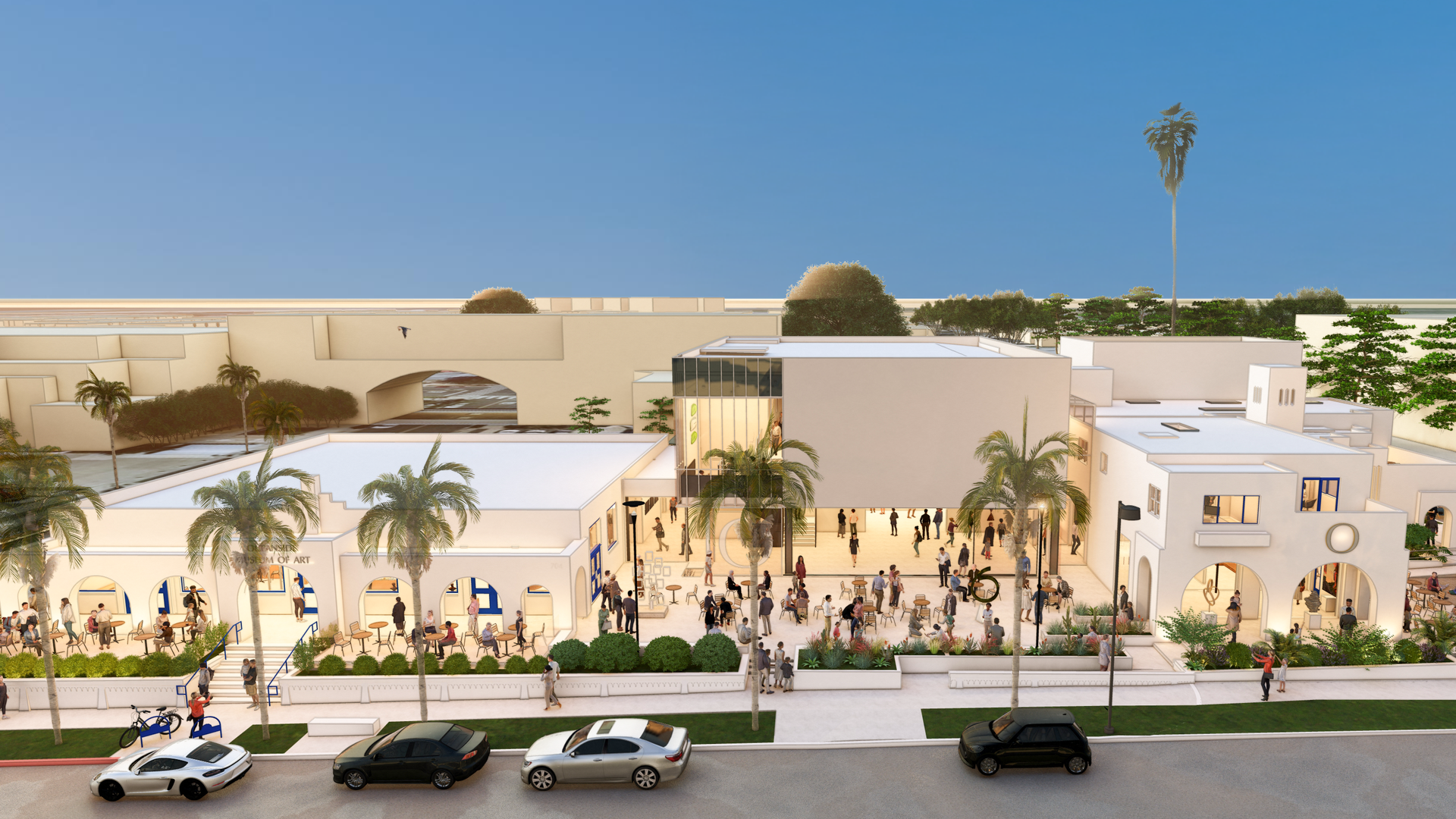 Outdoor view of a white modern art museum with palm trees, crowds of people, parked cars, and clear blue sky in a sunny urban setting.