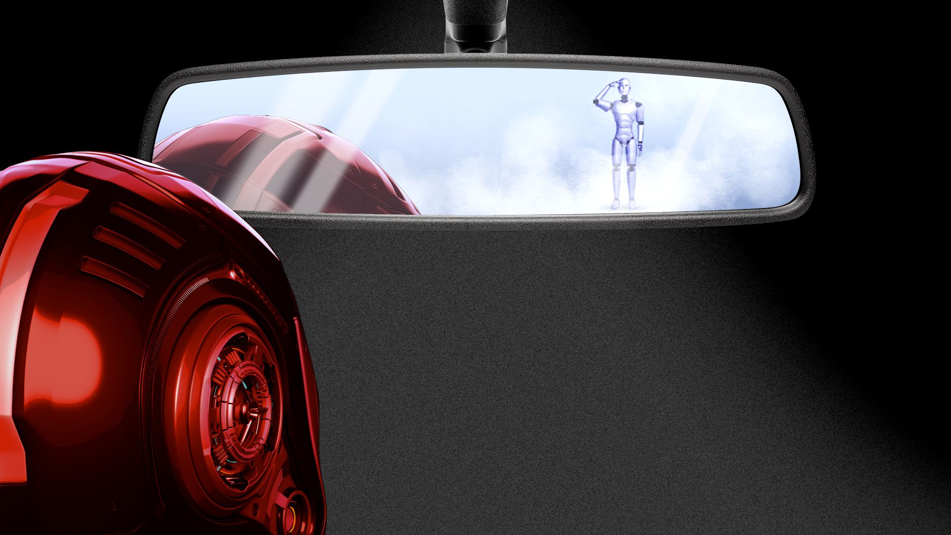 Illustration of a red robot driving a car, with a small blue robot in the rear view mirror getting smaller and surrounded by dust.