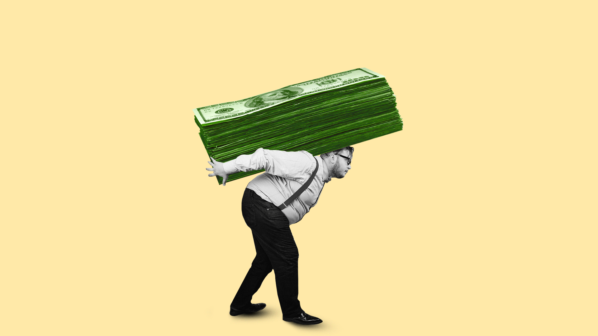 Illustration of a man weighed down by money 