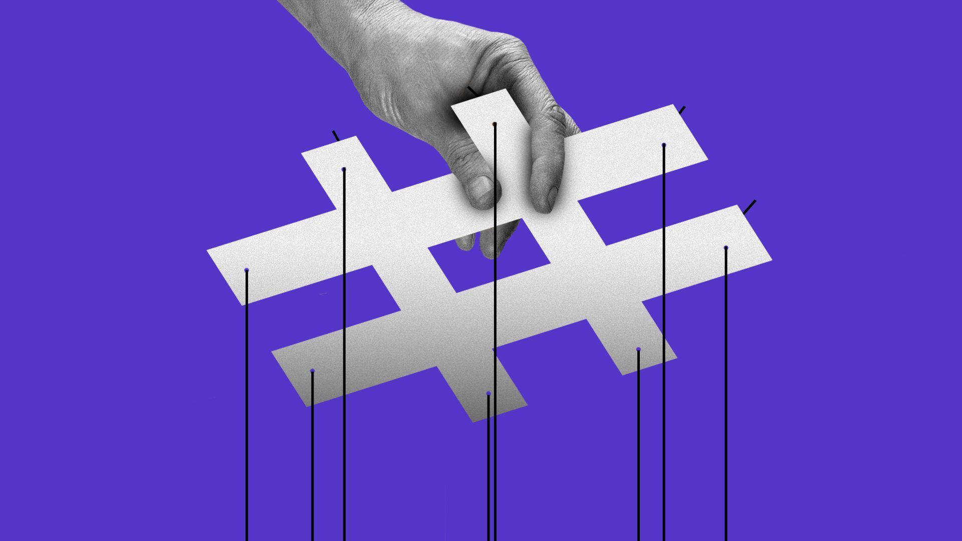 Illustration of a hand holding marionette strings with the wooden handle made from a hashtag.