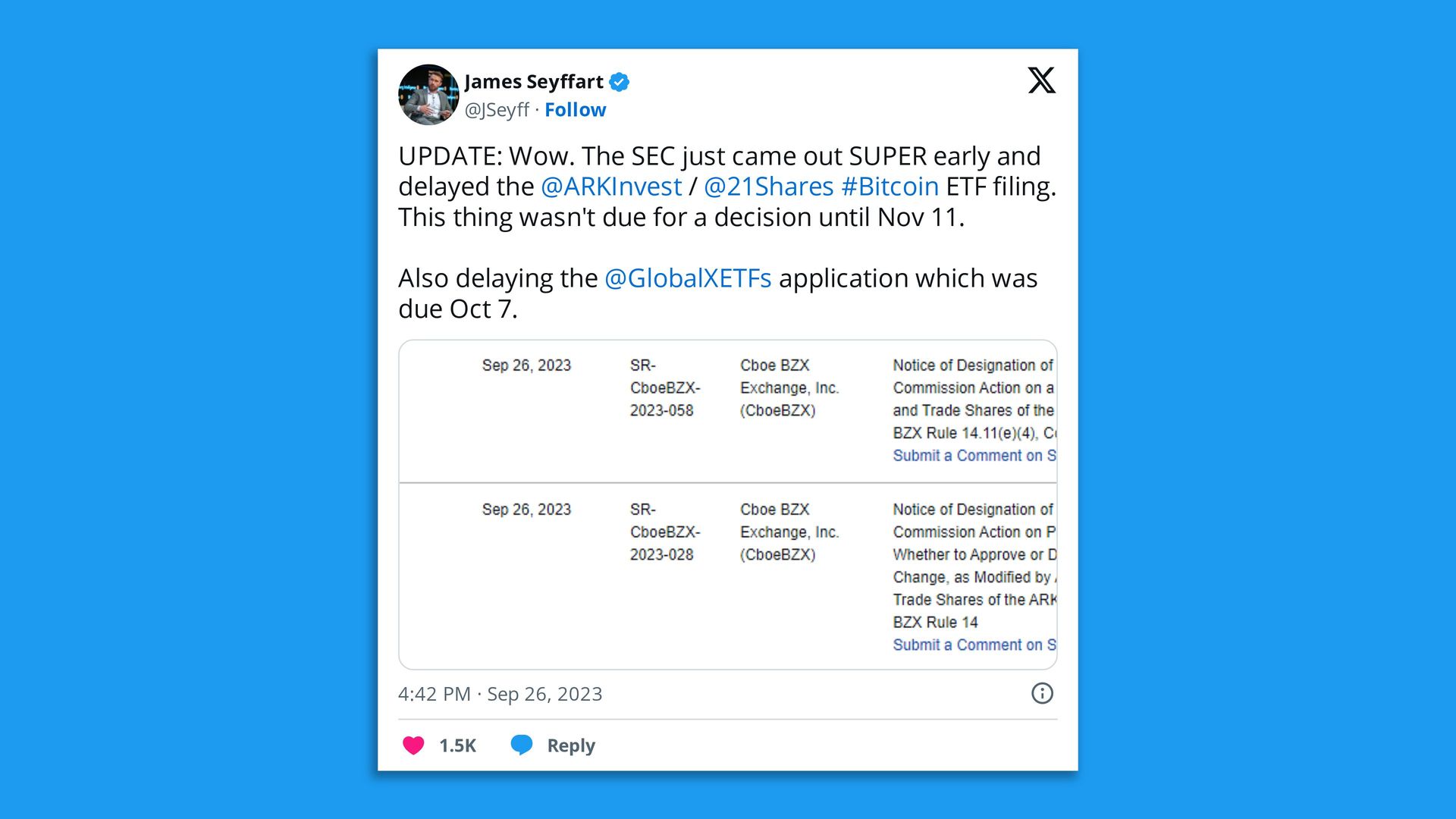 Bloomberg ETF analyst tweets about SEC's delayed decision on spot bitcoin ETFs
