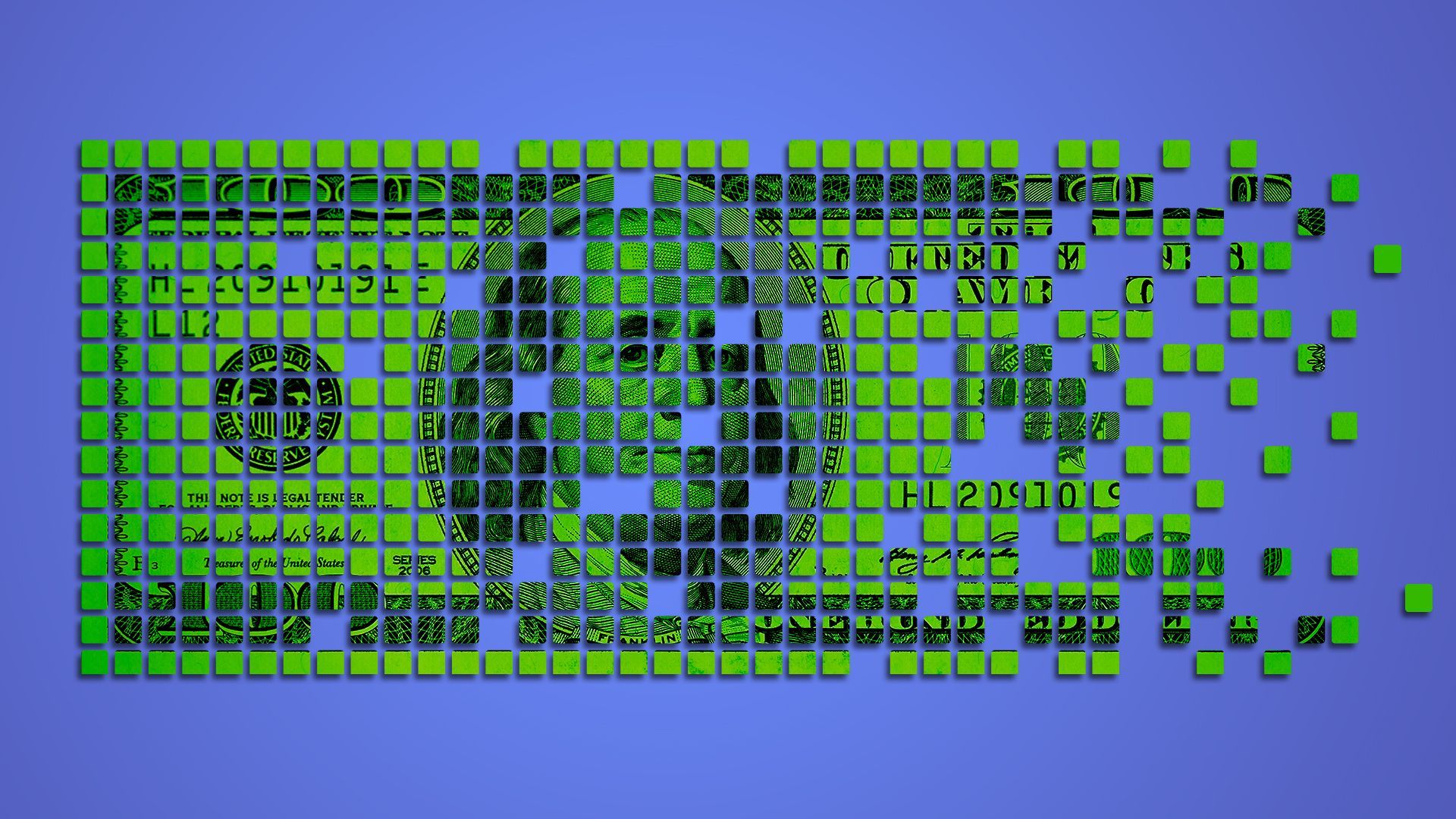 Illustration of a hundred dollar bill as pixels that are disintegrating. 