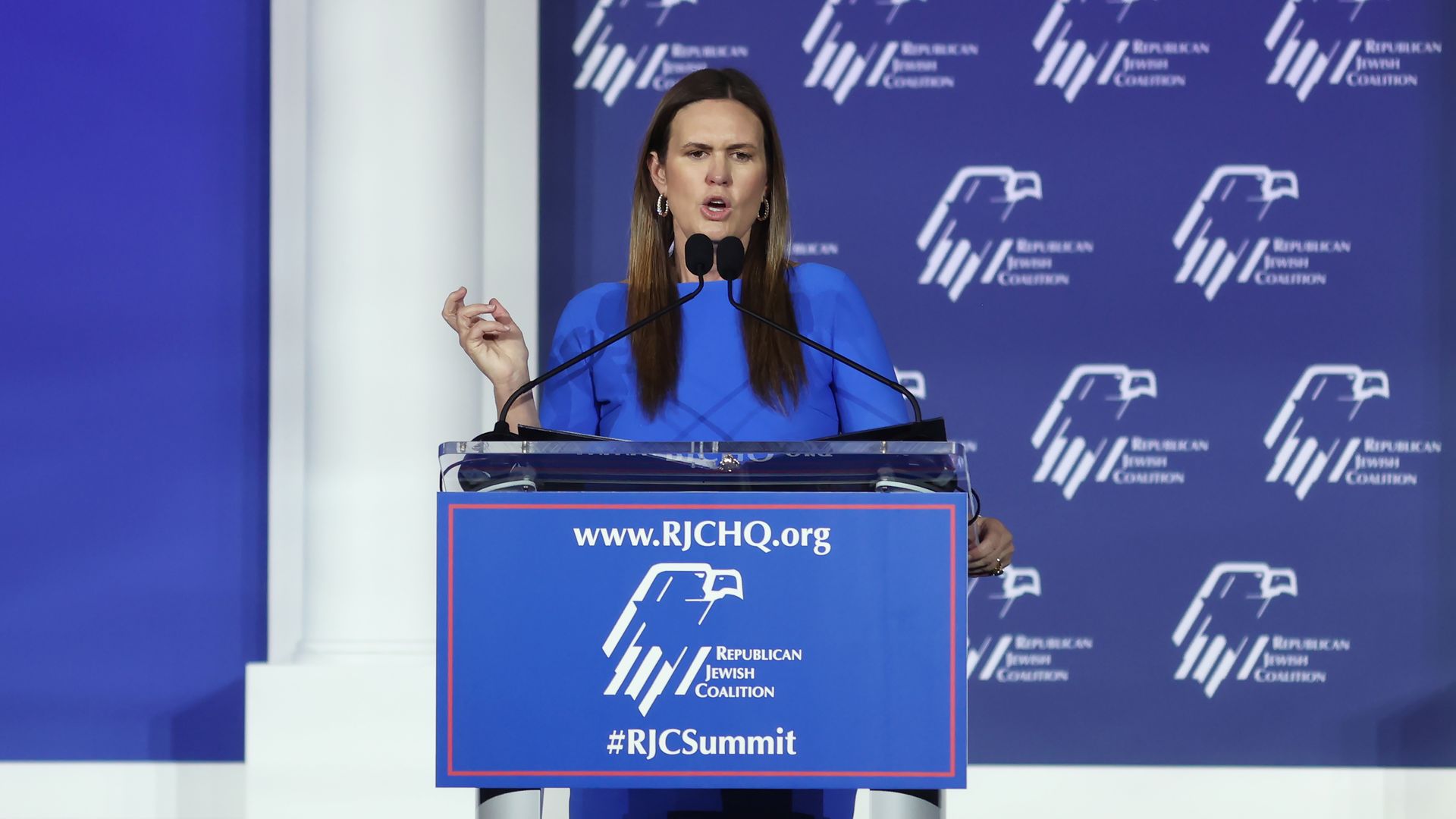 Gov. Sarah Huckabee Sanders speaks at the Republican Jewish Coalition Annual Leadership meeting on October 27, 2023. 