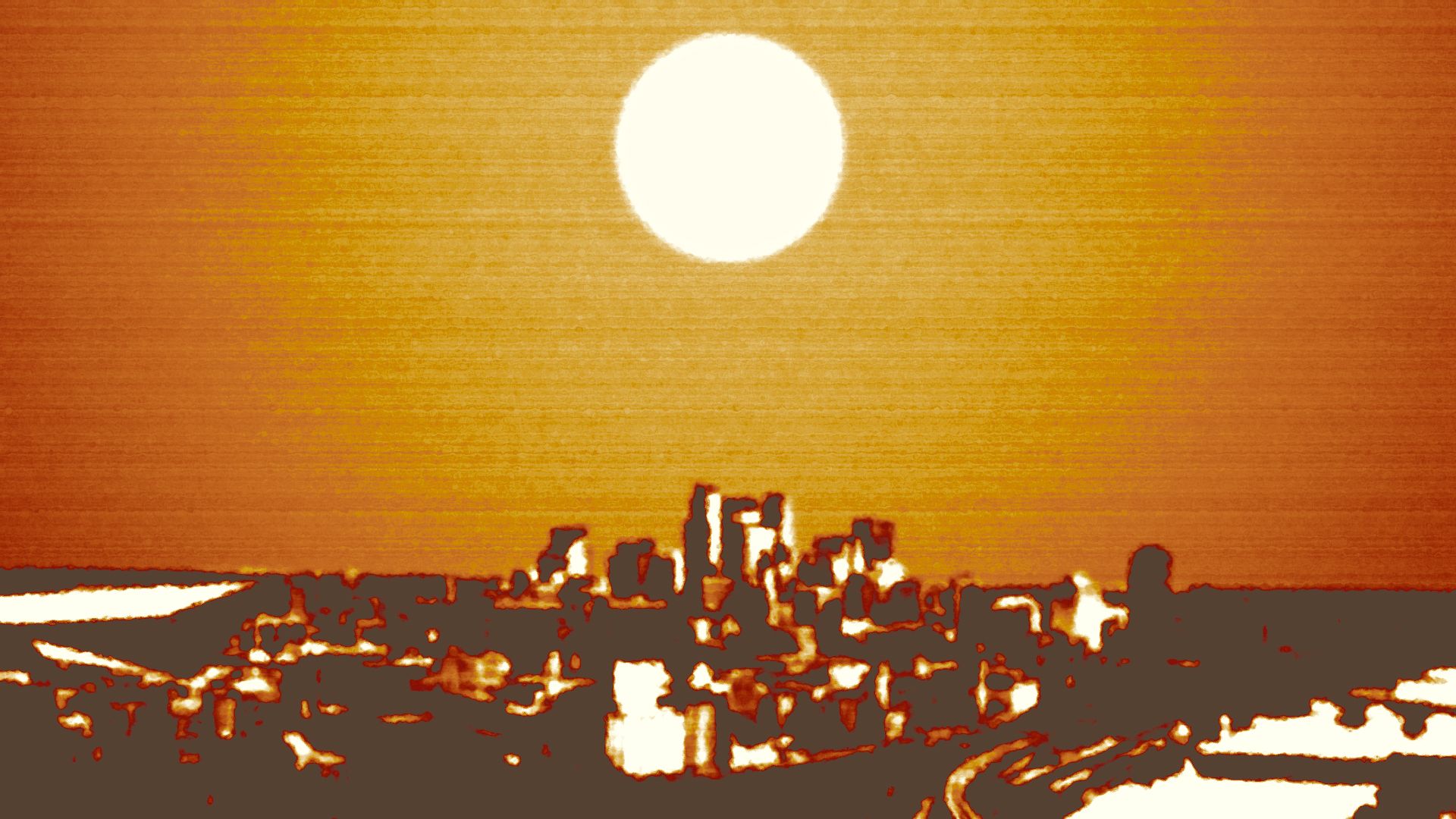 Illustration of the Minneapolis skyline under a hot sun.