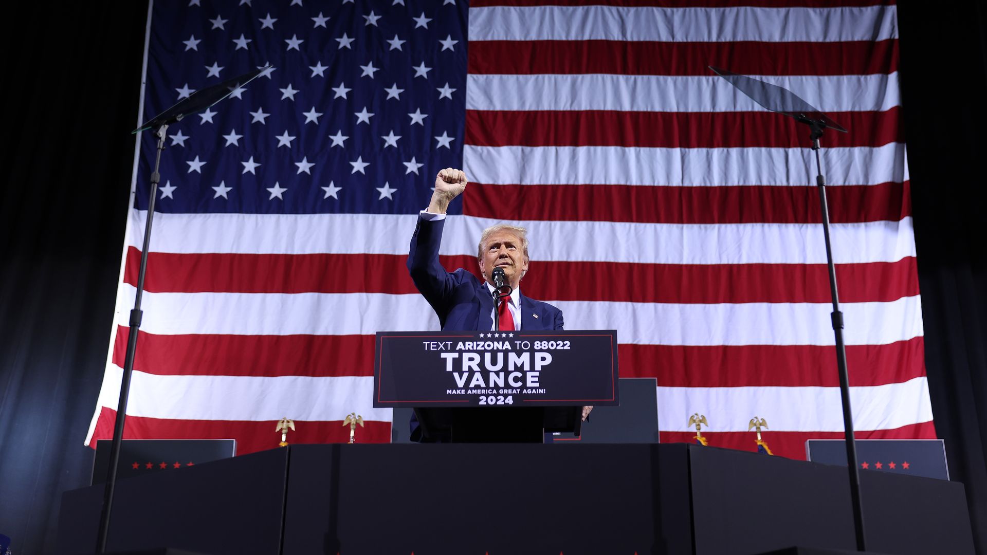 Donald Trump holding up his fist in front of an American flag.