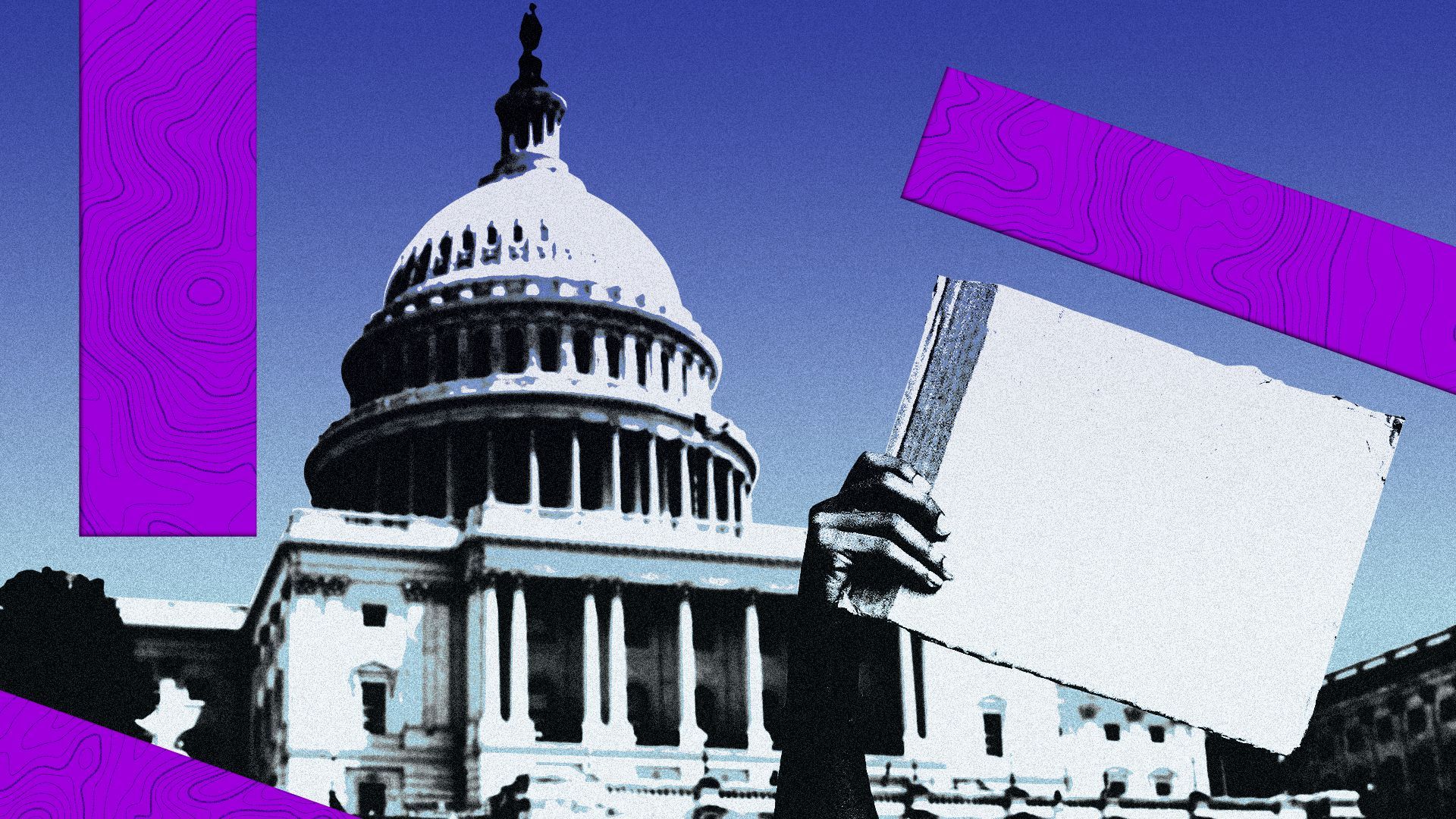 Illustration of a person holding a blank protest sign in front of the Capitol Building surrounded by graphic shapes filled with a contour line pattern