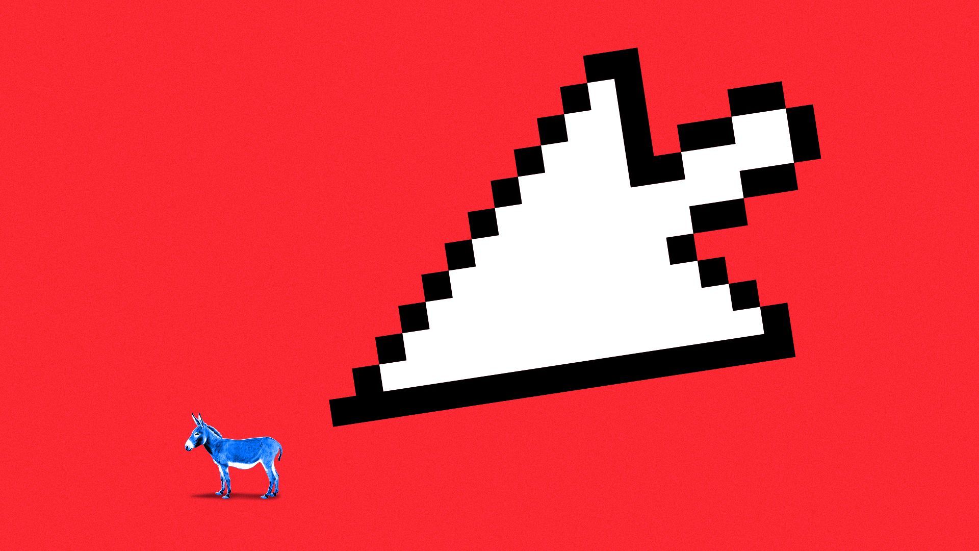 Illustration of a giant cursor menacingly hovering over a donkey.