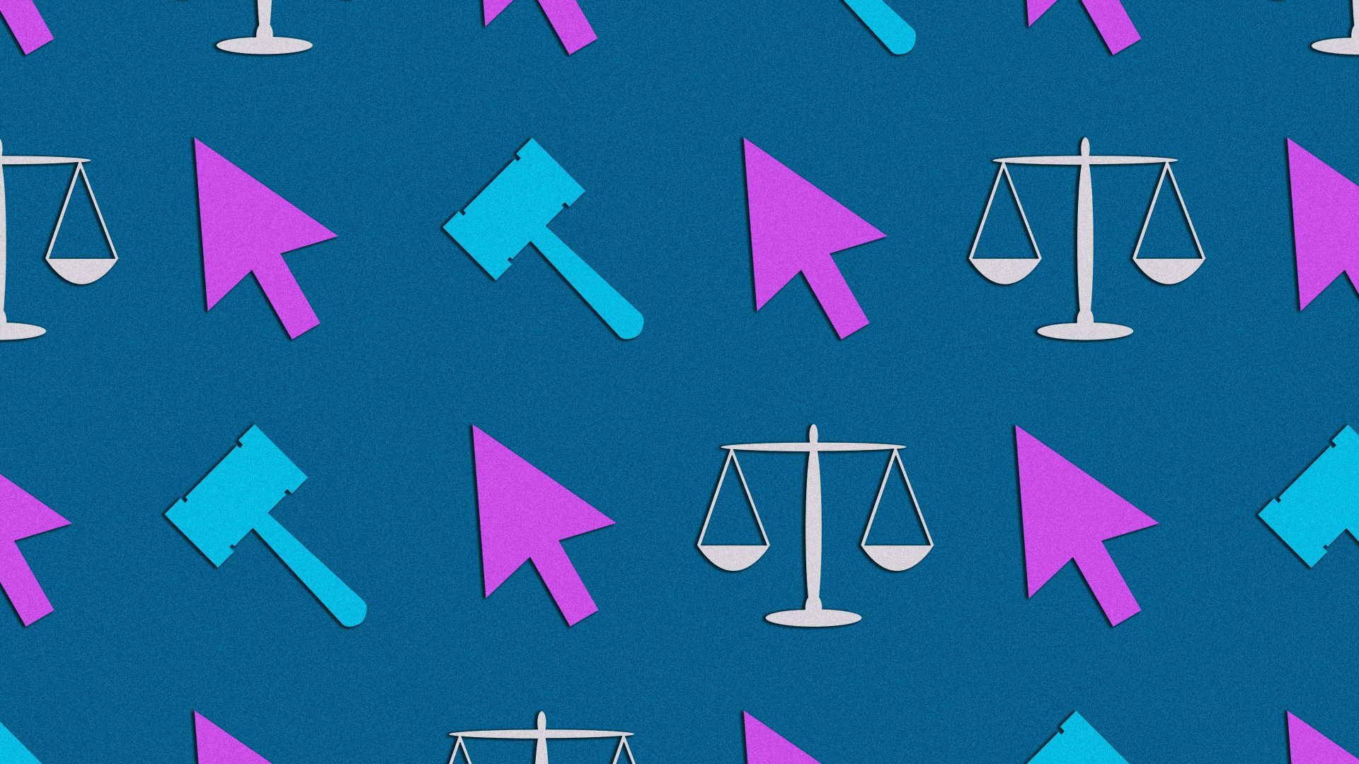 an illustration with repeating patterns of scales, gavels, and cursors