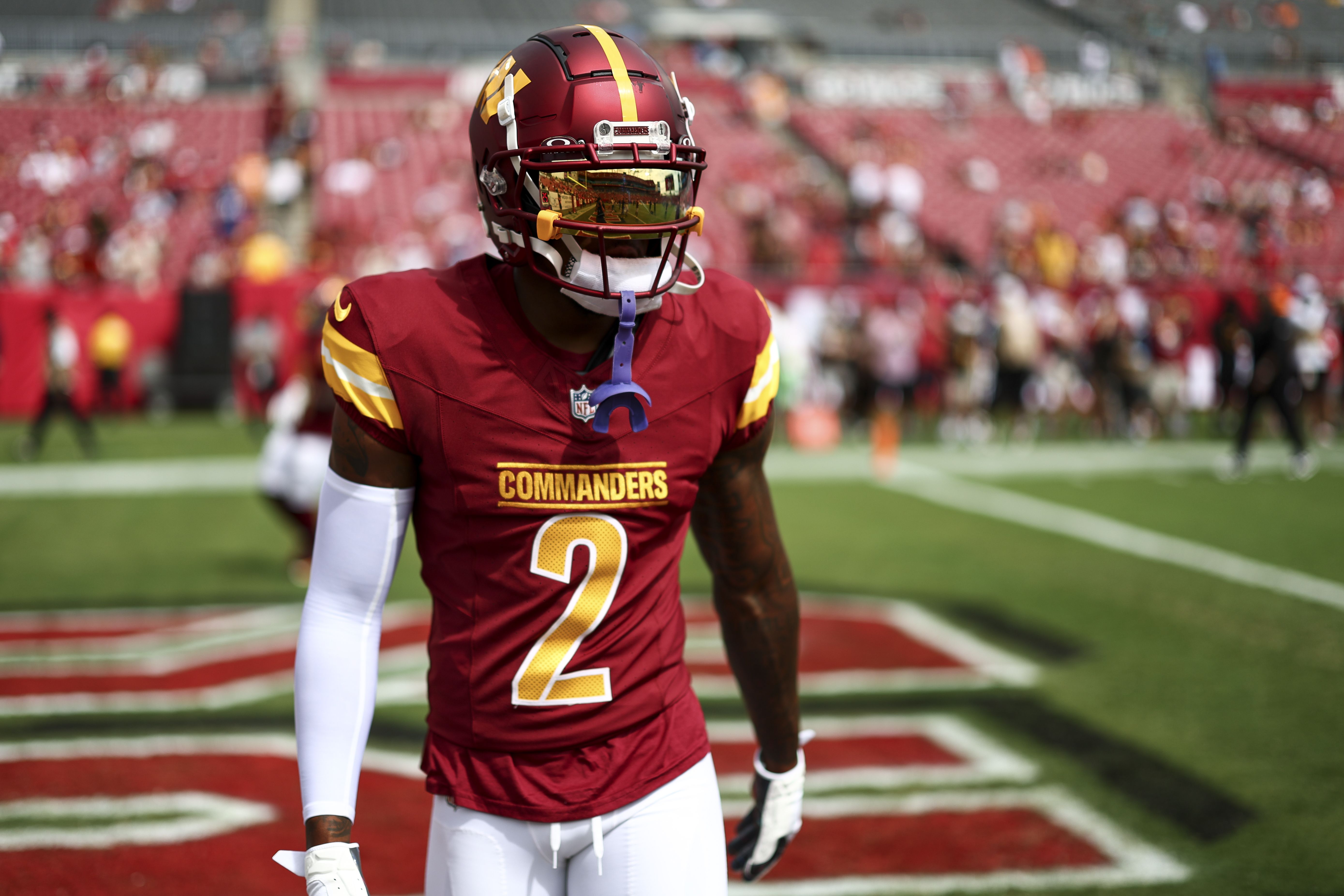 Dyami Brown #2 of the Washington Commanders warms up prior to an NFL football game against the Tampa Bay Buccaneers at Raymond James Stadium on September 8, 2024 in Tampa, Florida. (Photo by Kevin Sabitus/Getty Images)