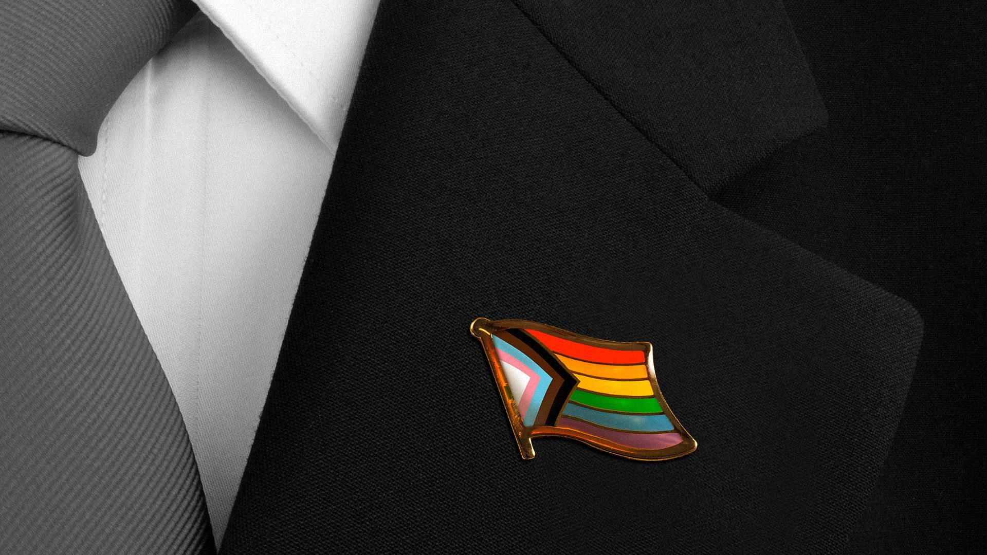 Illustration of an LGBTQ+ flag pin on the lapel of a business suit.